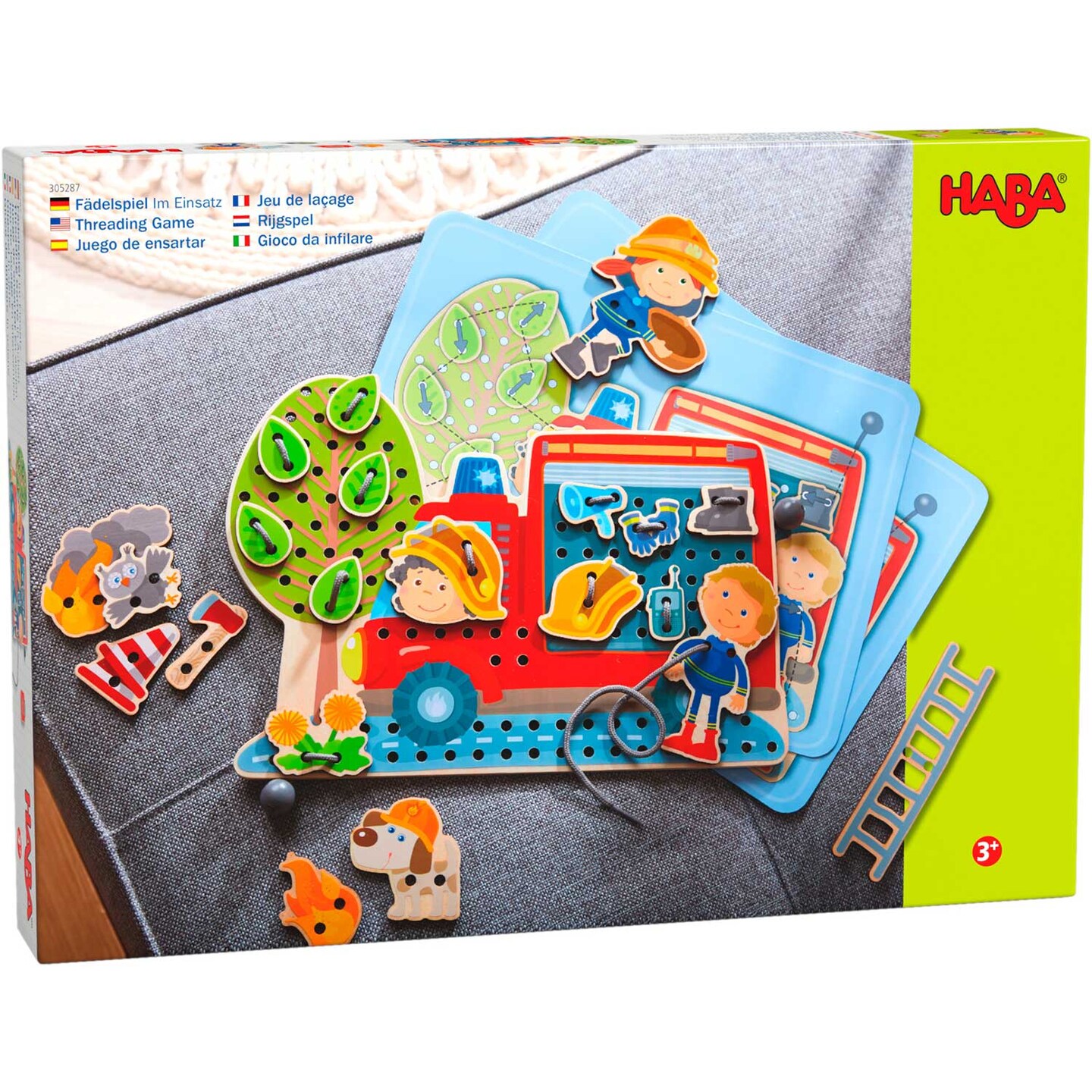 HABA Fire Engine Rescue Themed Lacing Toy Set for Preschool Learning, Fine Motor Skills Development Game with 38 Threading Tiles and 2 Template Cards