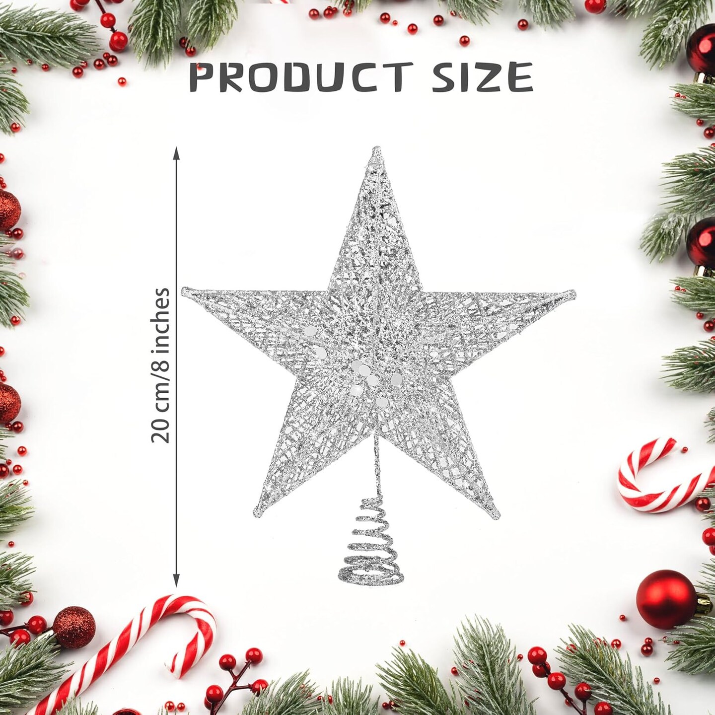 Christmas Tree Topper 8 Inches Metal Glittered Christmas Tree Topper Wire Star Treetop Sparkle Xmas Decoration for Christmas Tree Ornament Indoor New Year Holiday Party Supplies (Silver)