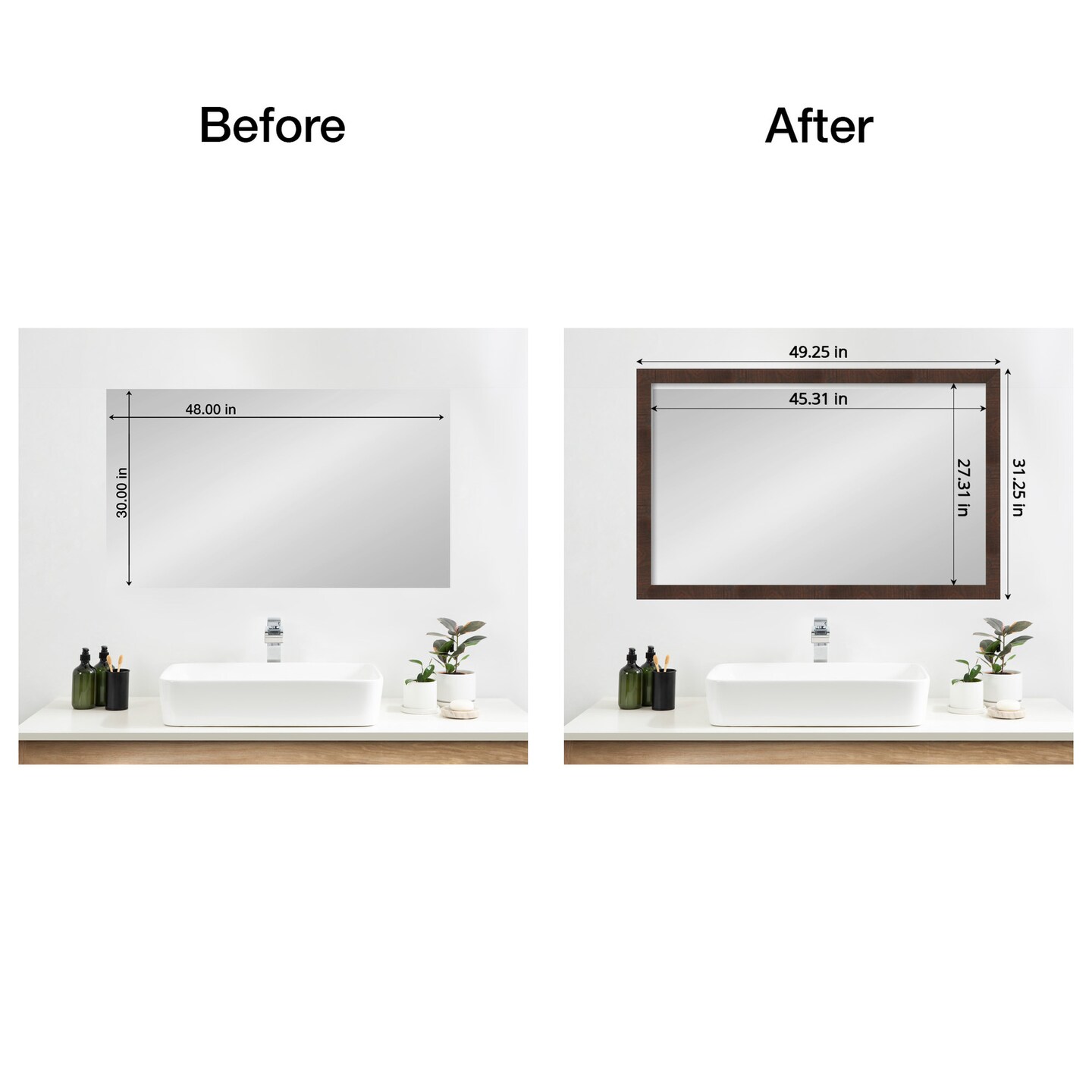 Amanti Art Mirror Makeover Bathroom Mirror Frame Border Kit - Fully Assembled Peel and Stick Frame - Mirror NOT Included - Wildwood Brown Narrow Trim