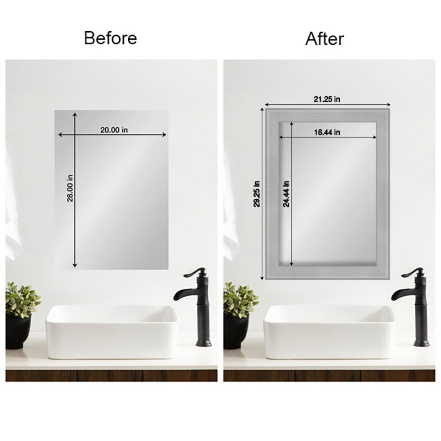Amanti Art Mirror Makeover Bathroom Mirror Frame Border Kit - Fully Assembled Peel and Stick Frame - Mirror NOT Included - Vista Brushed Nickel Trim