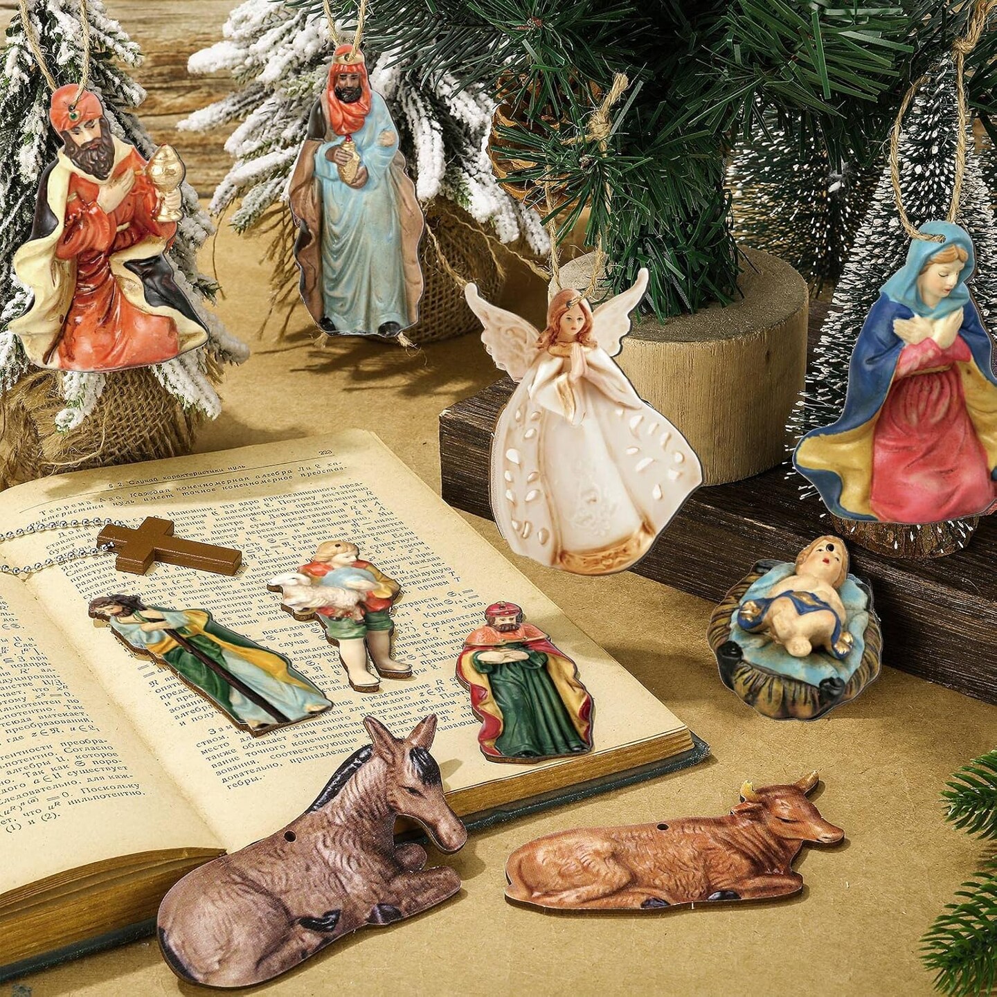 40 Pieces Christmas Nativity Scene Vintage Ornament Religious Christmas Tree Ornaments Jesus Wooden Hanging Decoration for Christmas Tree Farmhouse Holiday Religious Decorations Gifts (Slicing Style)