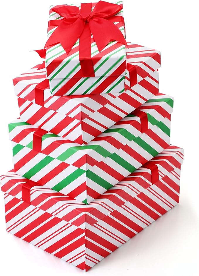 Boxes Red White Striped Christmas Boxes Hard Xmas Stackable Boxes with Lids Decorative Xmas Nested Present Boxes for New Year Birthday Party Gift Decor Supplies