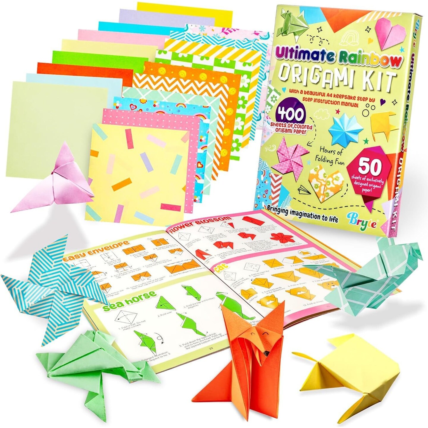BRYTE Ultimate Rainbow Origami Kit With 450 Fun Colorful Papers, Gift-Ready Crafts For Girls Kids Ages 8-12