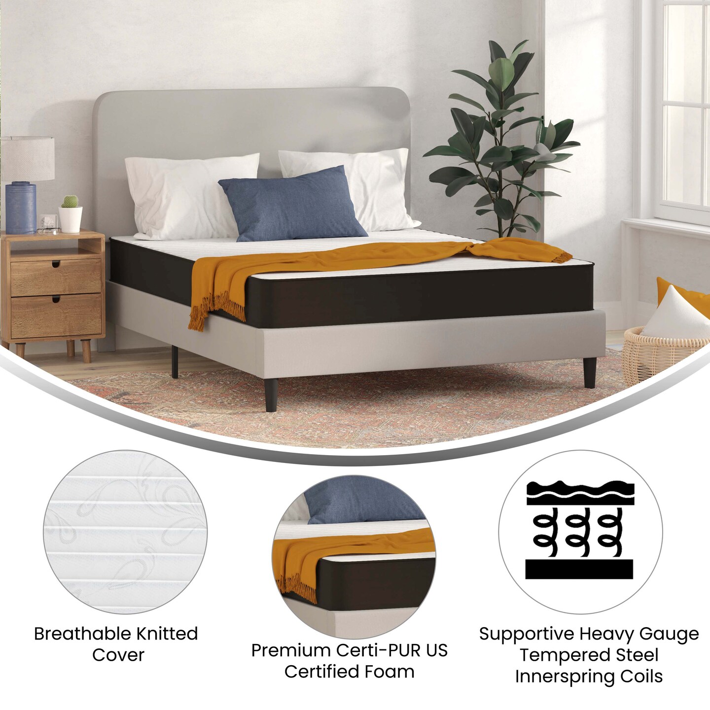 Emma and Oliver Asteria Premium ComfortMedium Firm Hybrid Innerspring Mattress in a Box with Knitted Fabric Top and CertiPUR-US Certified Foam