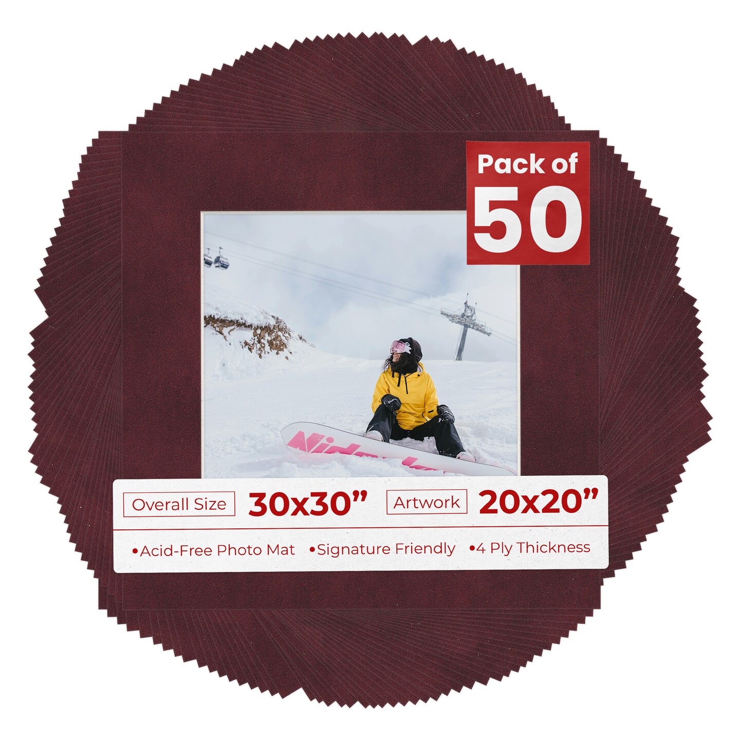 Dark Red Suede Mat Board for 30x30 Frames - Fits 20x20 Photos