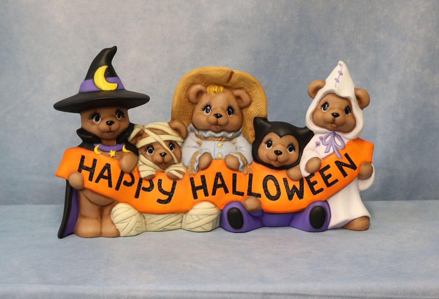 Happy Halloween Sign, Hand Painted Ceramic Bear, Bear Witch, Bear