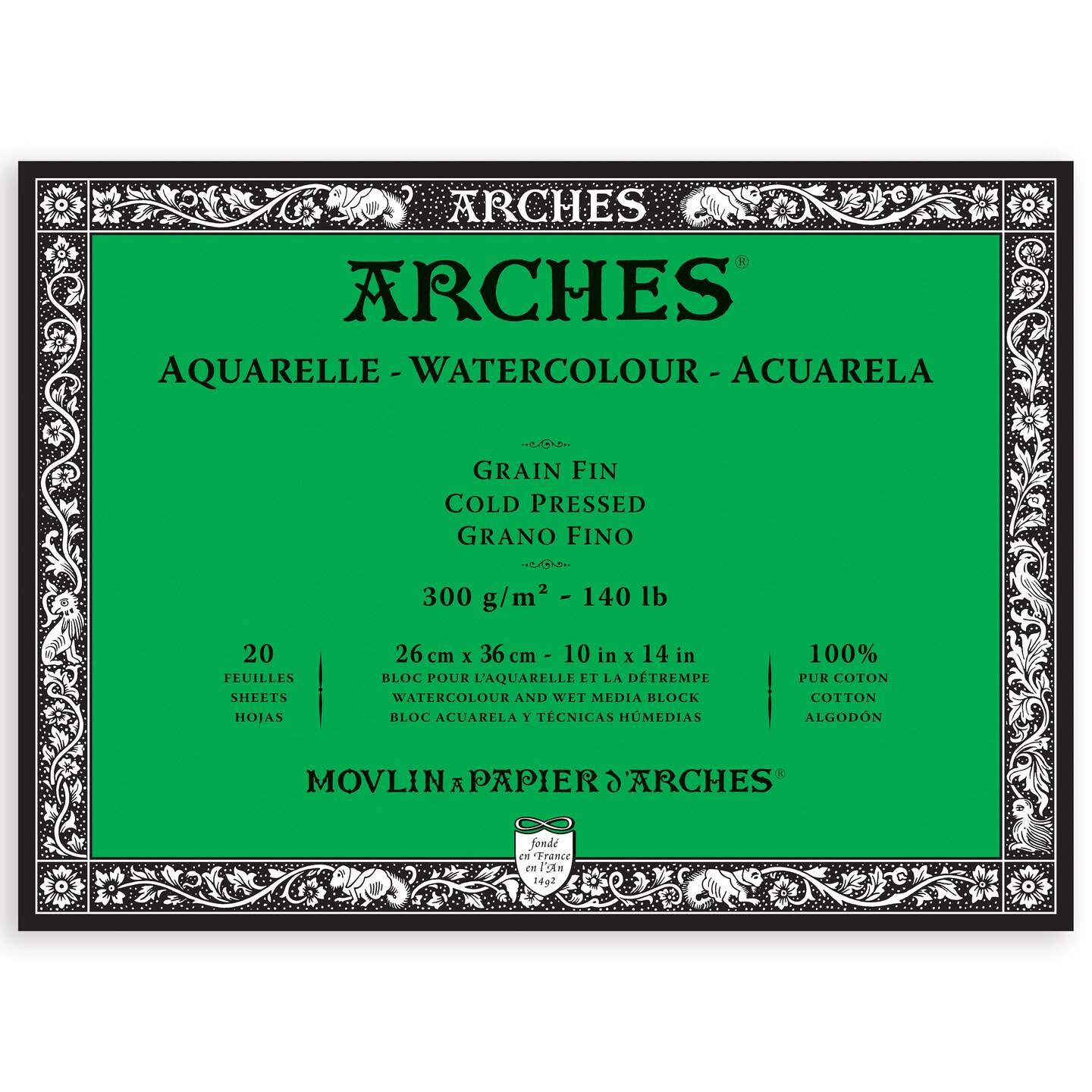 Arches Aquarelle Cold Pressed Watercolor Block 10"X14"- 140lb, 20 Sheets
