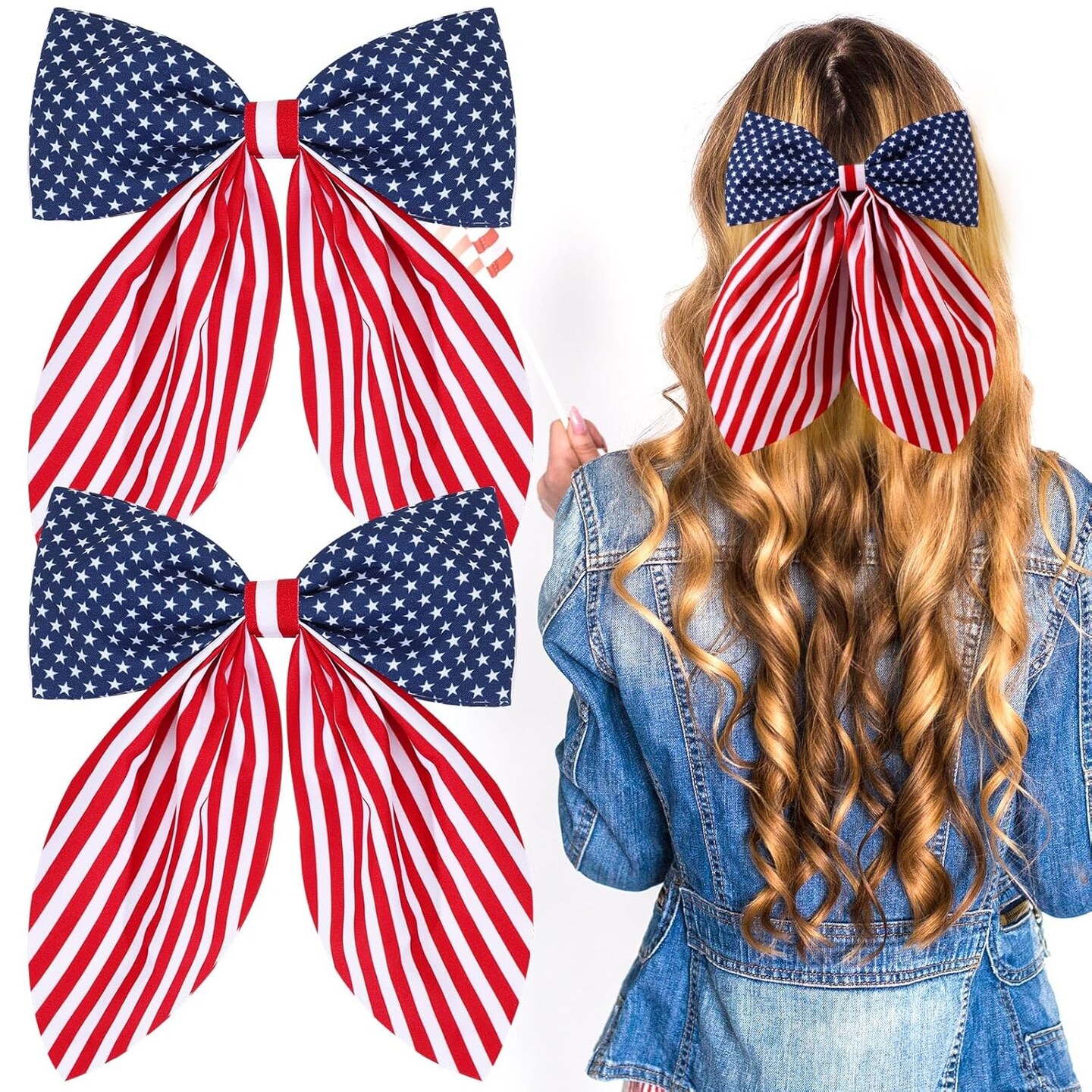 2 Pcs 4th of July Girls American Flag Hair Bow Hair Clips, Patriotic Hair Accessories for Girls Women