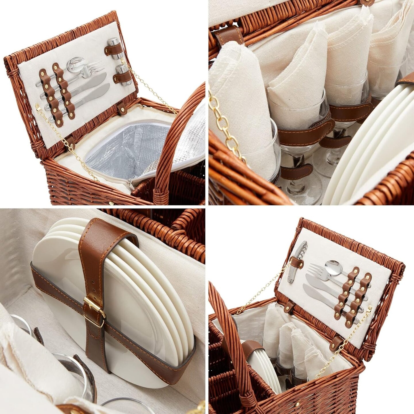 Wicker Picnic Basket Set for 4 with Utensils, Glasses, and Insulated Cooler Bag - Luxury Camping, Picnic Essentials and Outdoor Tableware for Family Gatherings