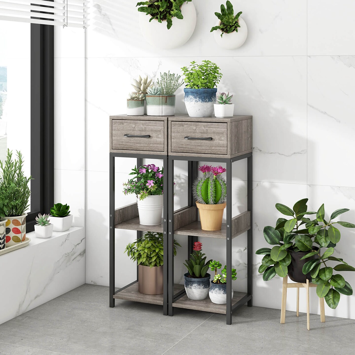 Costway 1/2 Pack 3 Tier Indoor Tall Plant Stand with Drawer Anti-tipping Devices Display Shelf