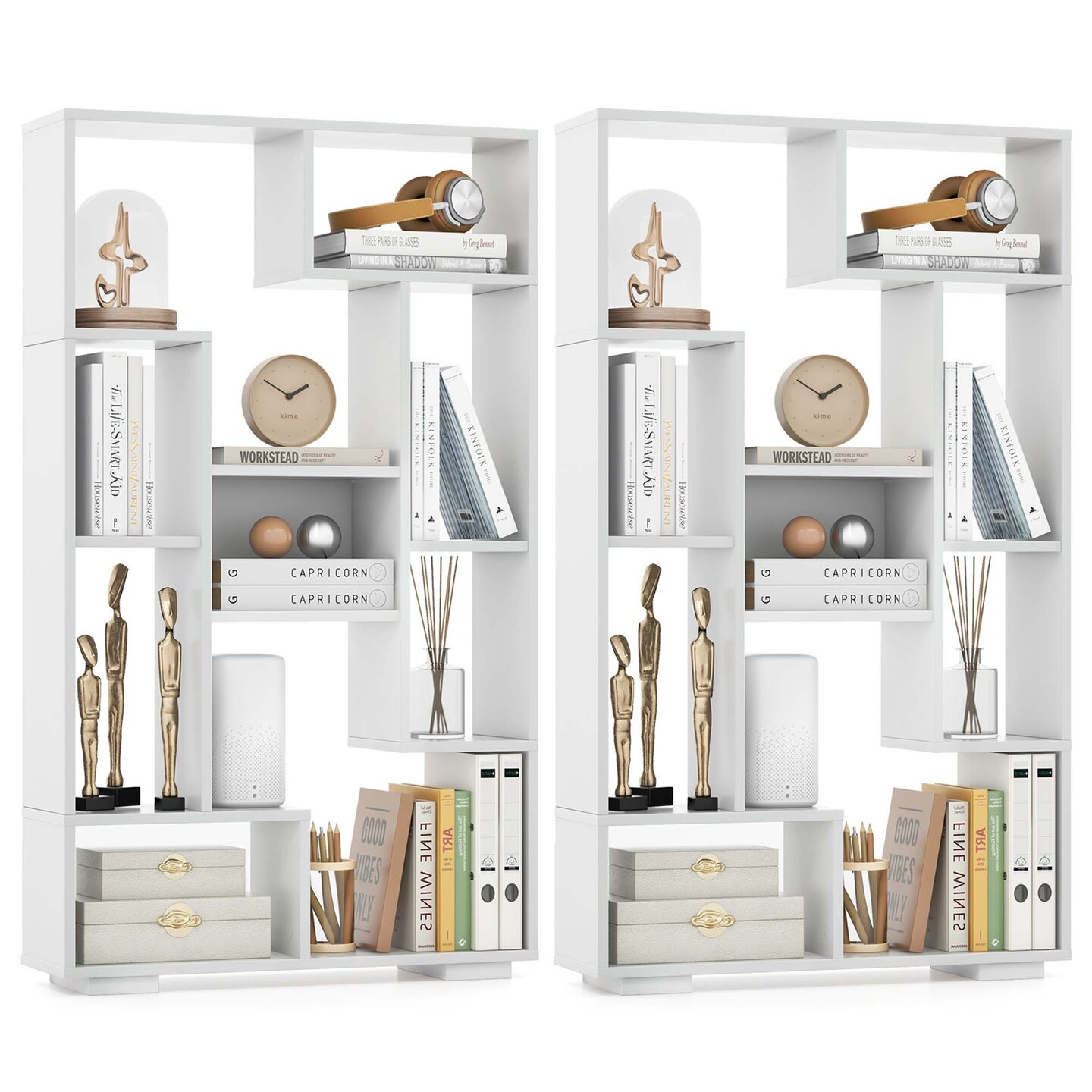 Costway 2 PCS 47" Tall Bookshelf Modern Geometric Bookcase with Open Shelves for Home Black&Natural/White