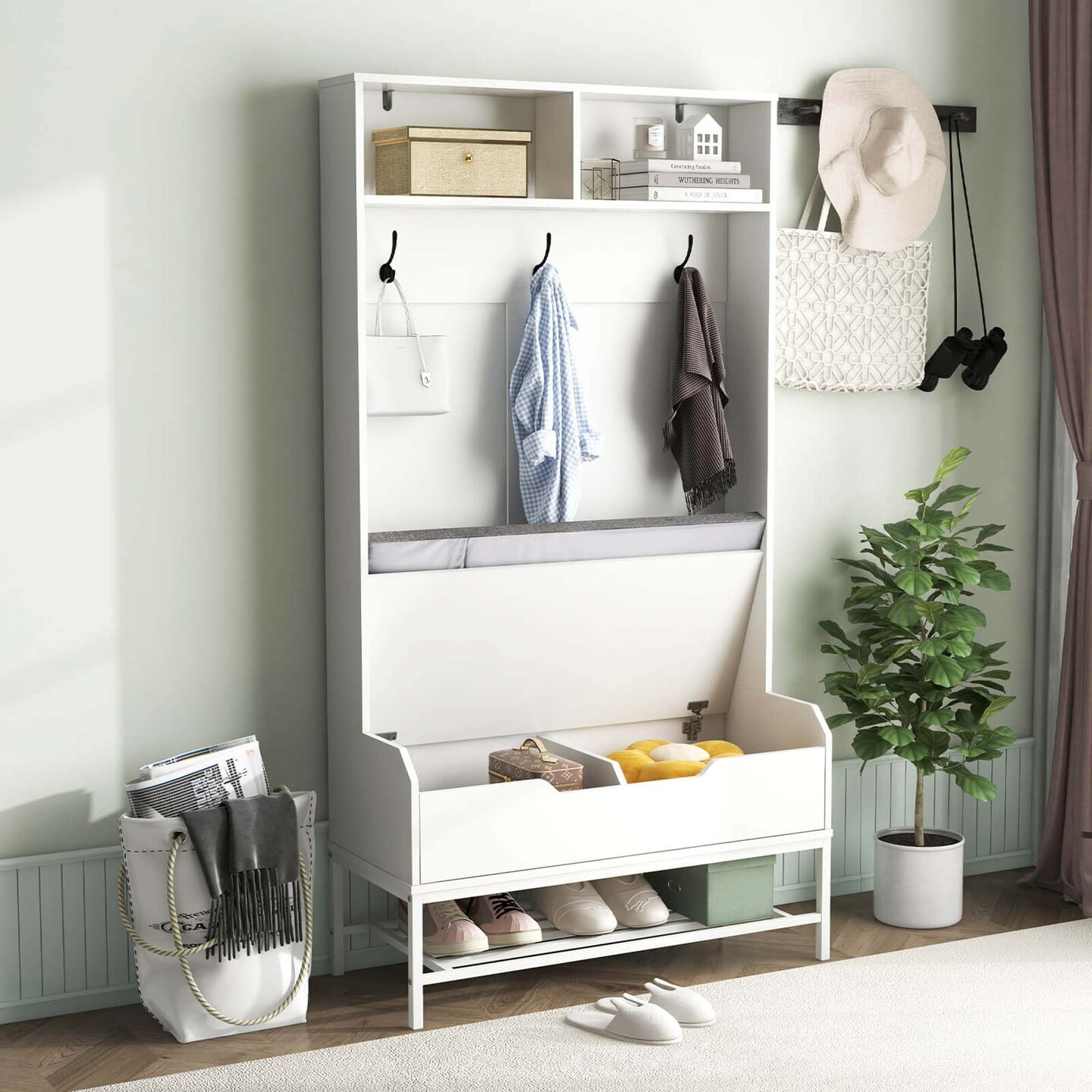 Costway 69" Tall Hall Tree with Seat Cushion Open Compartments Hooks Lift-top Storage White/Black/Rustic Brown