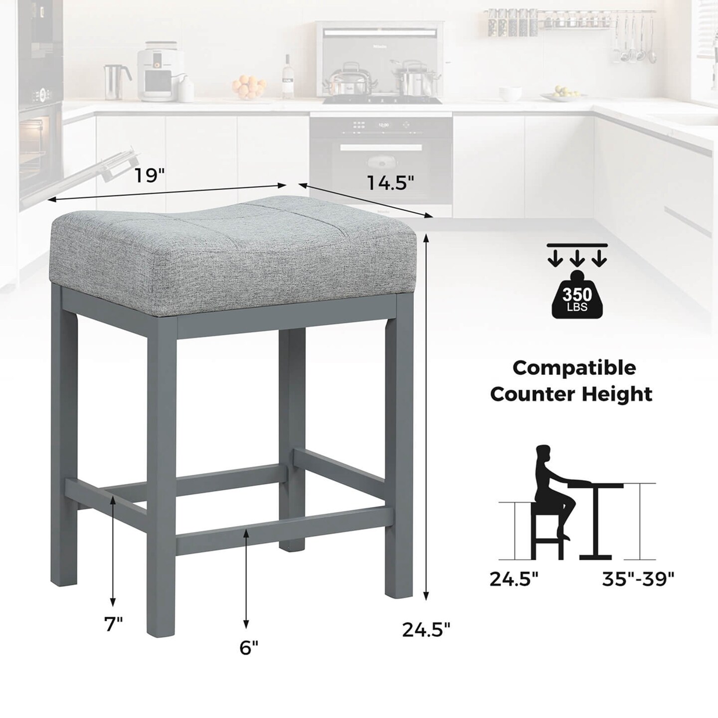 Costway 24.5&#x22; Bar Stool Set of 4 with Solid Rubber Wood Frame Humanized Footrest Kitchen White/Gray