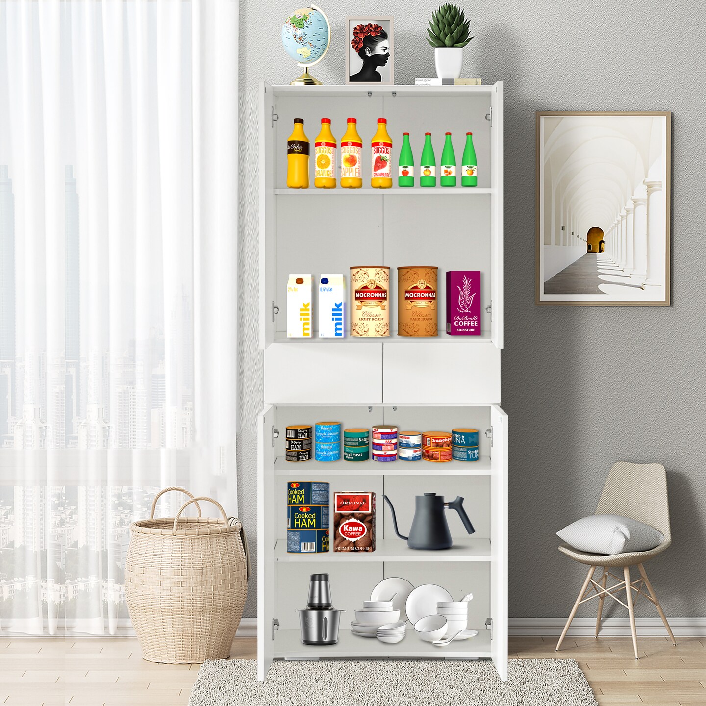 66-Inch Multi-Functional Finish Kitchen Pantry Cabinet with 4 Doors, 3 Adjustable Shelves, 2 Cabinets with 1 Drawer &#x2013; Elegant Freestanding Farmhouse Storage for Kitchen, Dining and Living Room