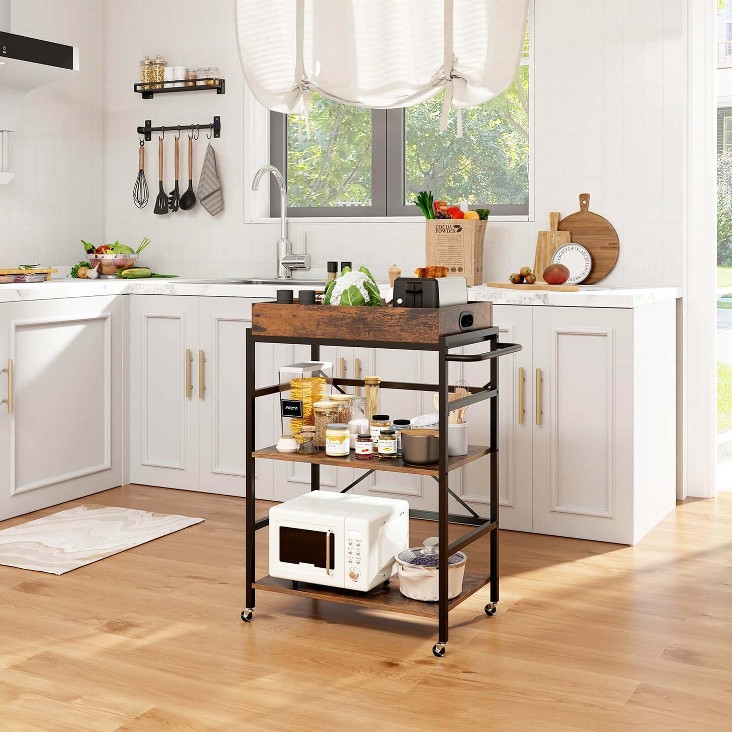 Costway 3-Tier Bar Cart with Detachable Tray 4 Lockable Casters &#x26; 1 Handy Handle