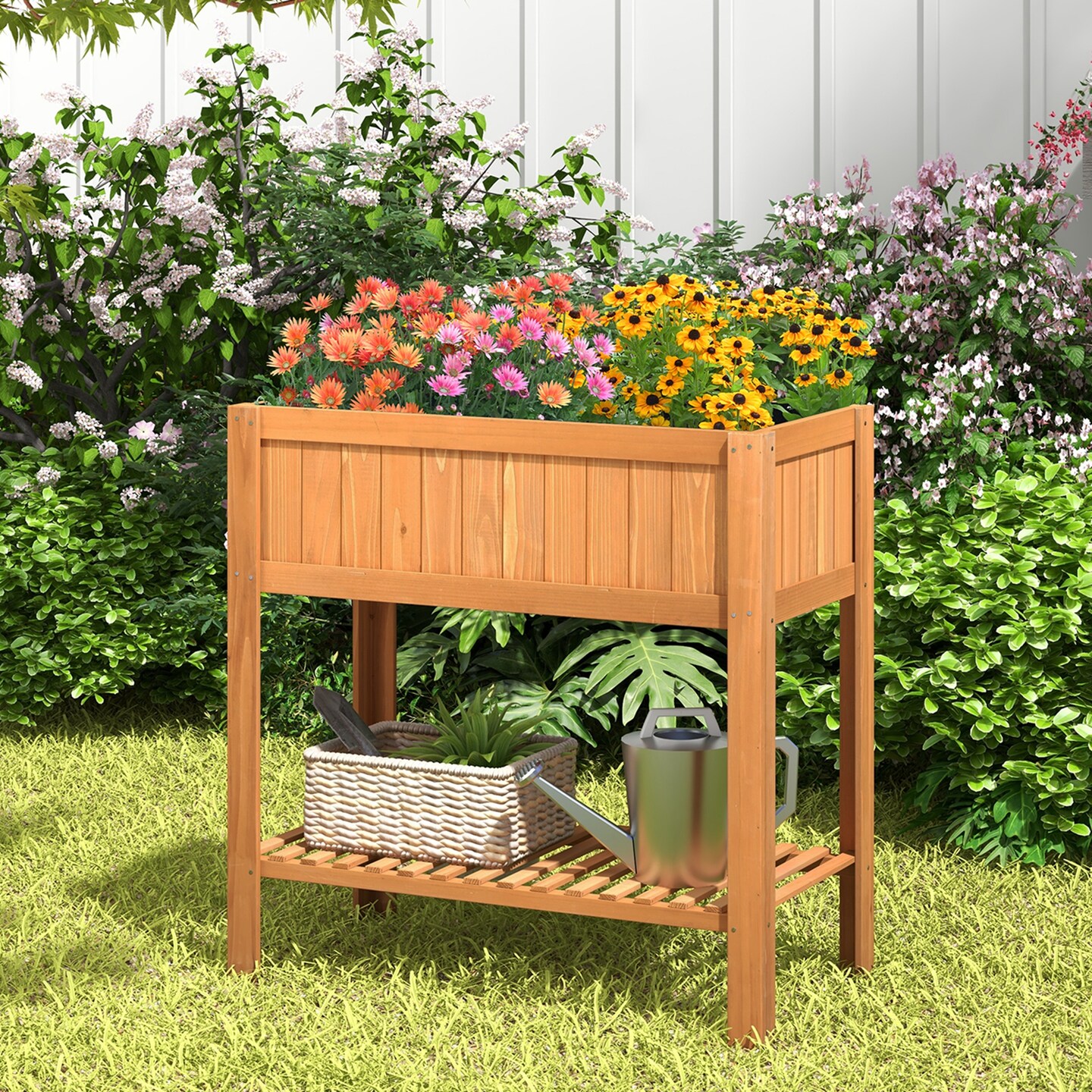 Costway Raised Garden Bed 39 x 20 x 39 in Outdoor Fir Wood Planter Box with Storage Shelf