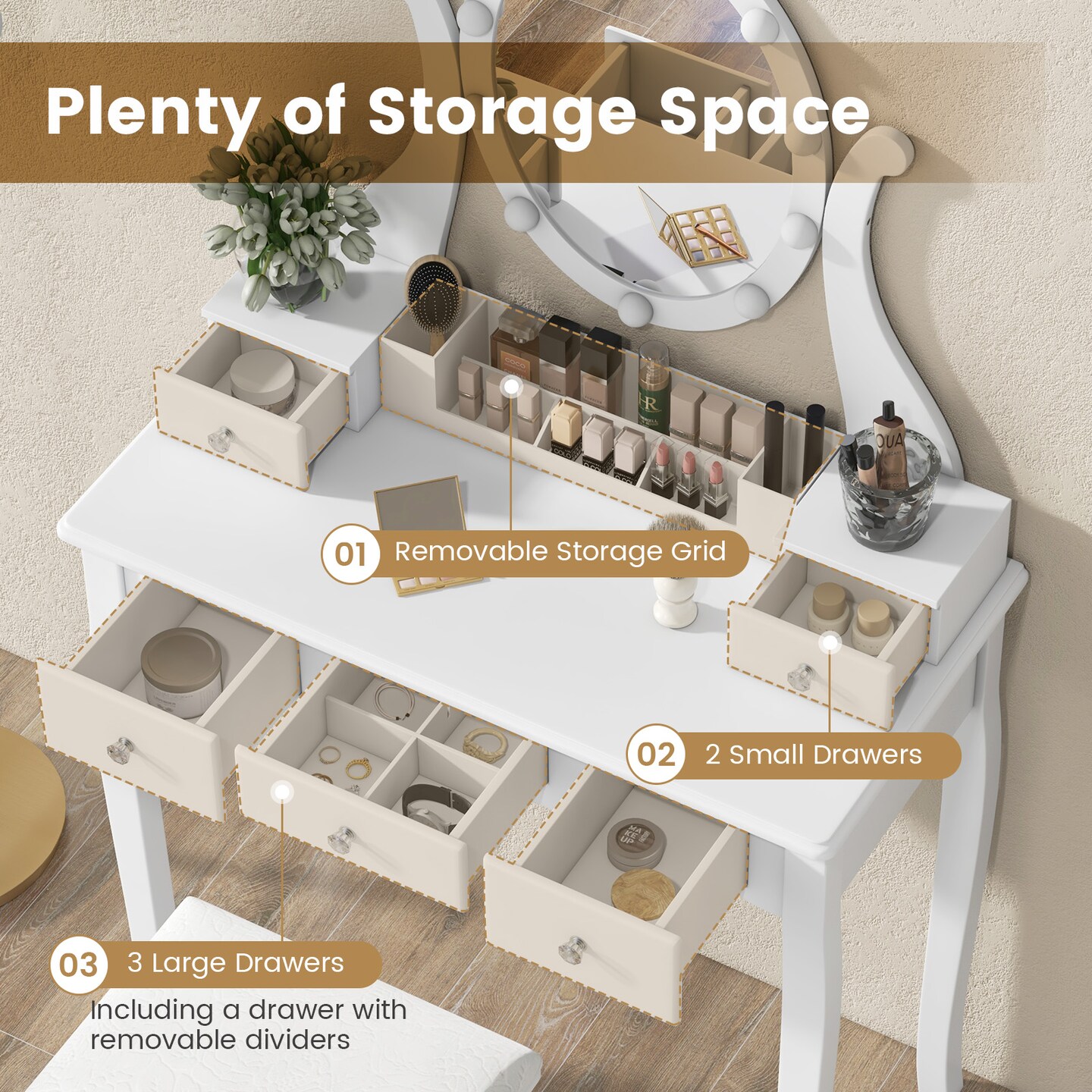 Costway Vanity Table Set w/10 Light Bulbs and Touch Switch Makeup Dressing Table