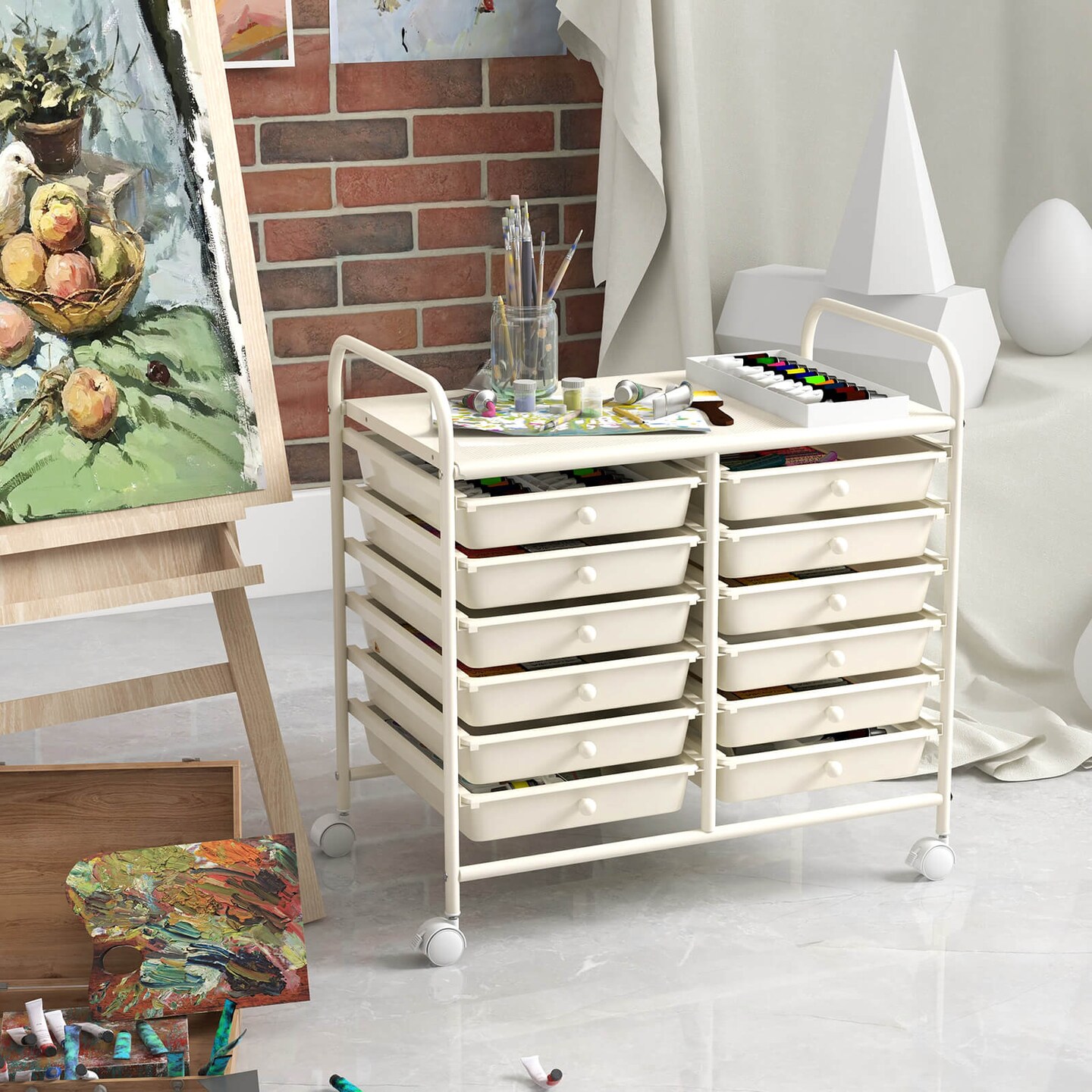 Costway 12 Drawers Rolling Cart Storage Scrapbook Paper Studio Organizer Bins Macaron/White/Light Pink/Purple/Pink/Clear/Gray/Rainbow/Multicolor/Hot Pink/Black