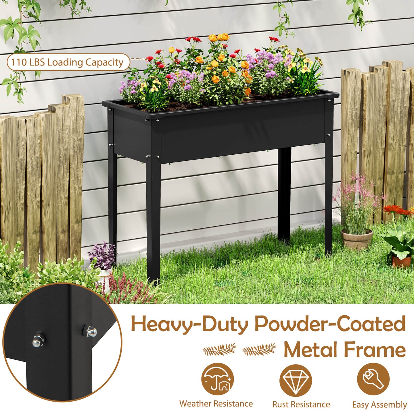 Costway 40" Raised Garden Bed with Legs Metal Elevated Planter Box Drainage Hole Backyard Green/Black