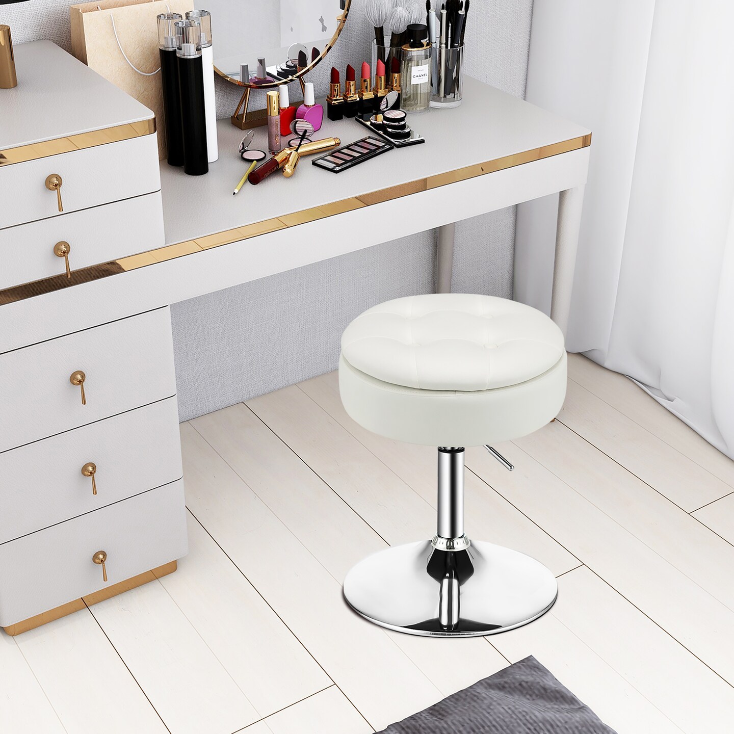 Costway Vanity Stool Adjustable 360° Swivel Storage Makeup Chair w/ Removable Tray White\Black\Pink