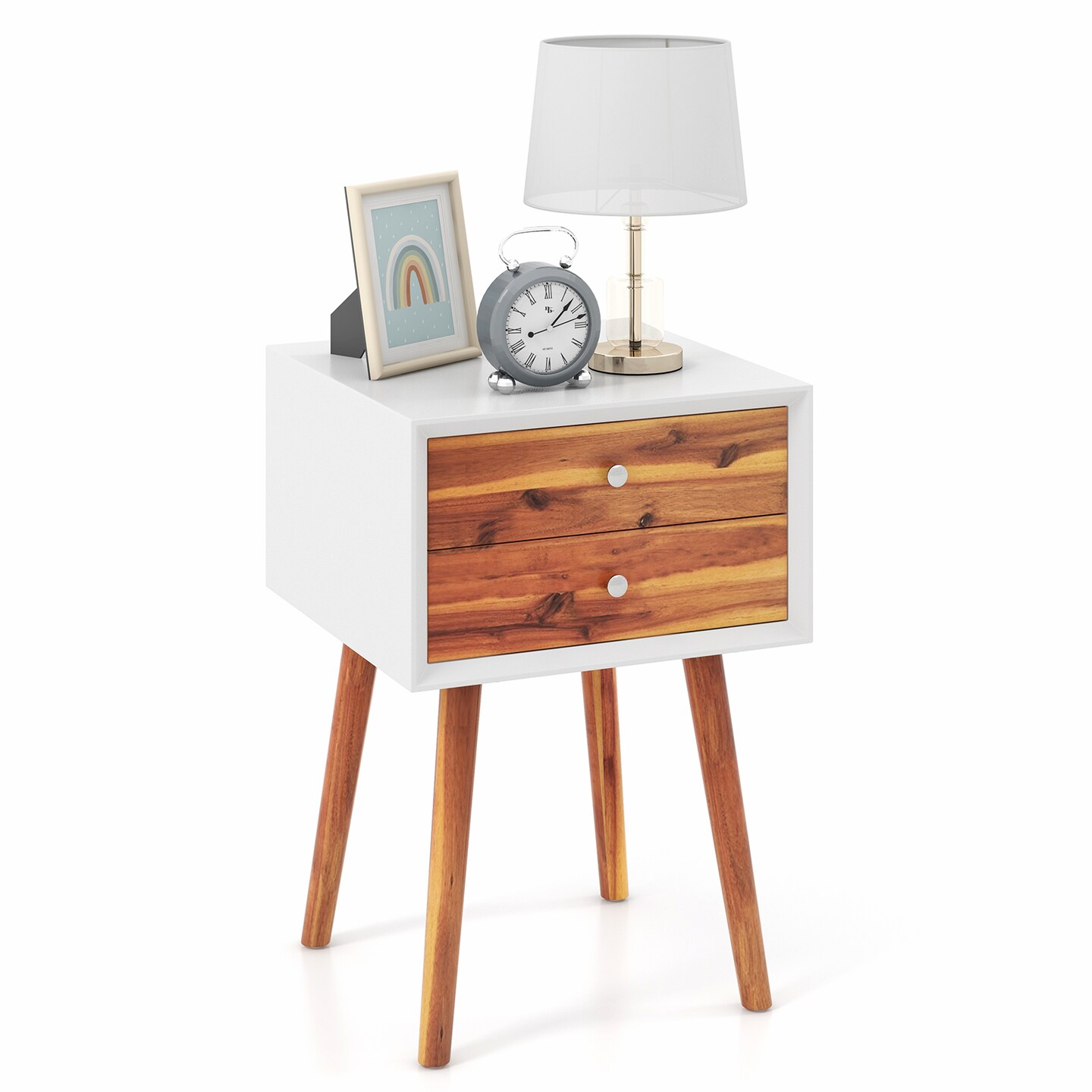 Costway End Table W/Drawers and Storage Wooden Mid-Century Accent Side Table Multipurpose for Bedroom, Living Room Home Furniture Nightstand