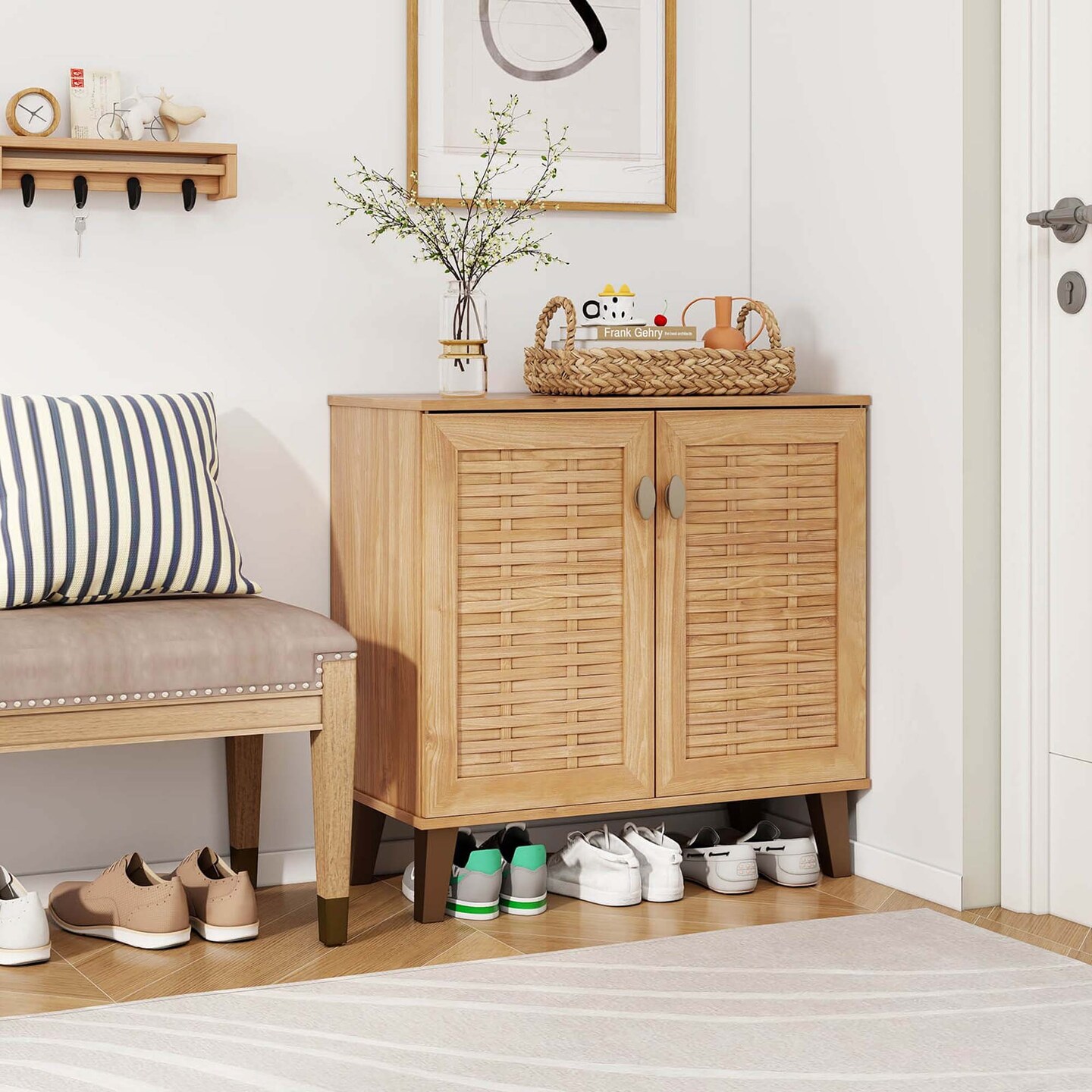 Costway 2-Door Shoe Cabinet with Ventilated Woven Doors &#x26; 3 Removable Shelves for Entryway