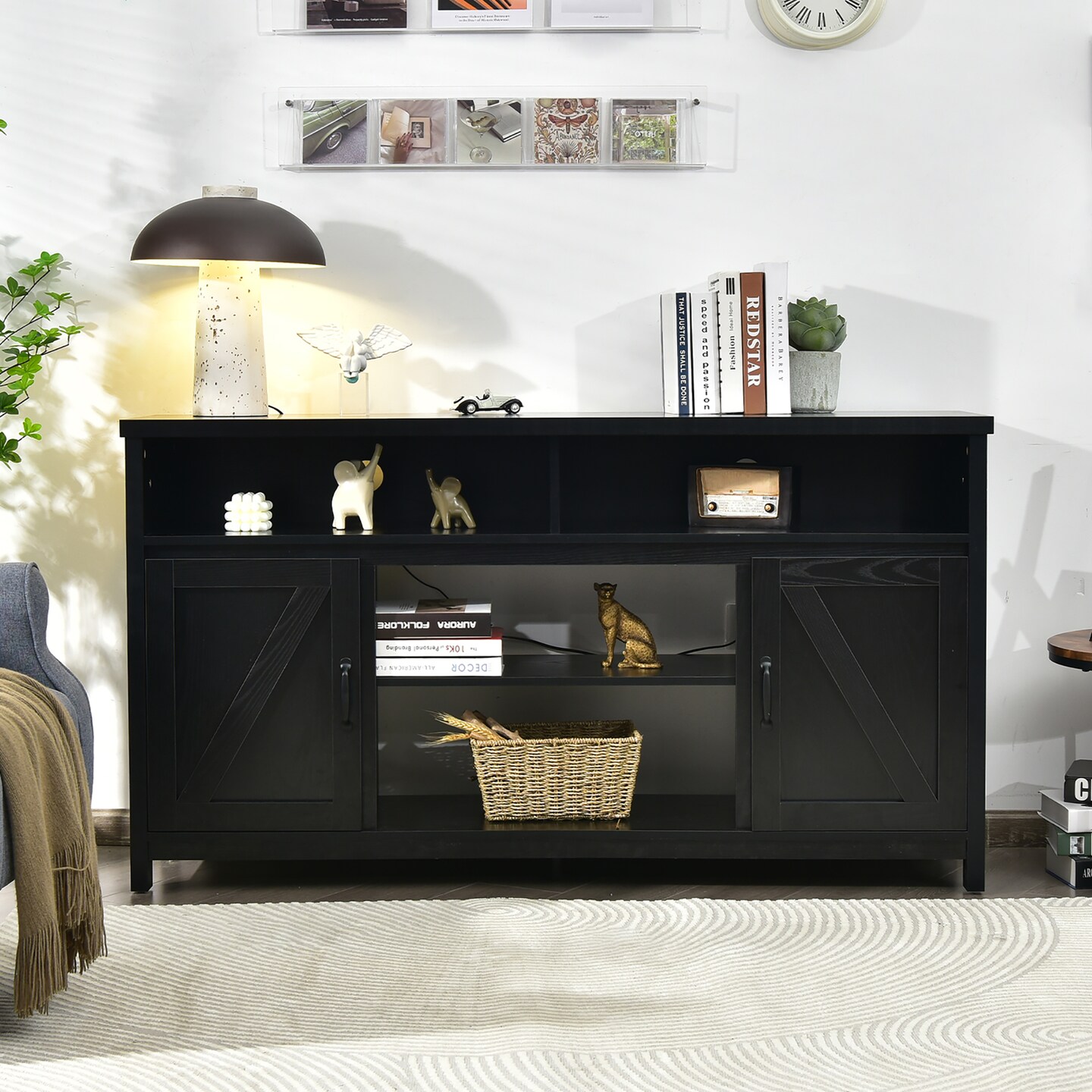 Costway 59&#x27;&#x27; TV Stand Media Center Console Cabinet w/ Barn Door for TV&#x27;s 65&#x27;&#x27; Natural\Black\Coffee