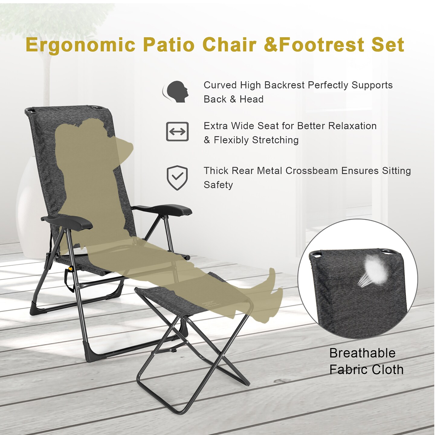 Costway 4PCS Patio Folding Dining Chair Ottoman Set Adjustable Back Camp Gray\Black