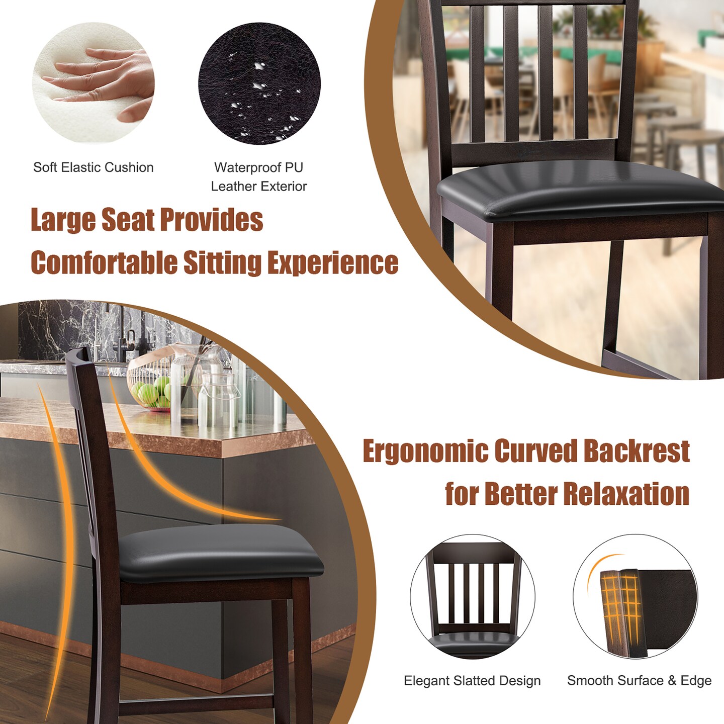 Costway Set of 4 Bar Stools Counter Height Chairs w/ PU Leather Seat Espresso