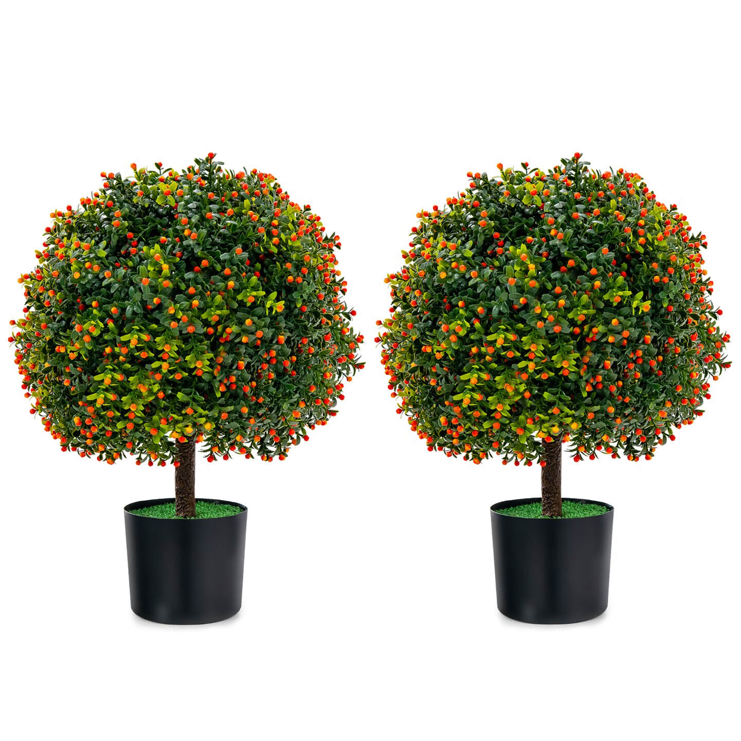 Costway 22&#x27;&#x27; Artificial Boxwood Topiary Ball Tree 2-Pack Faux Potted Plant w/Orange Fruit