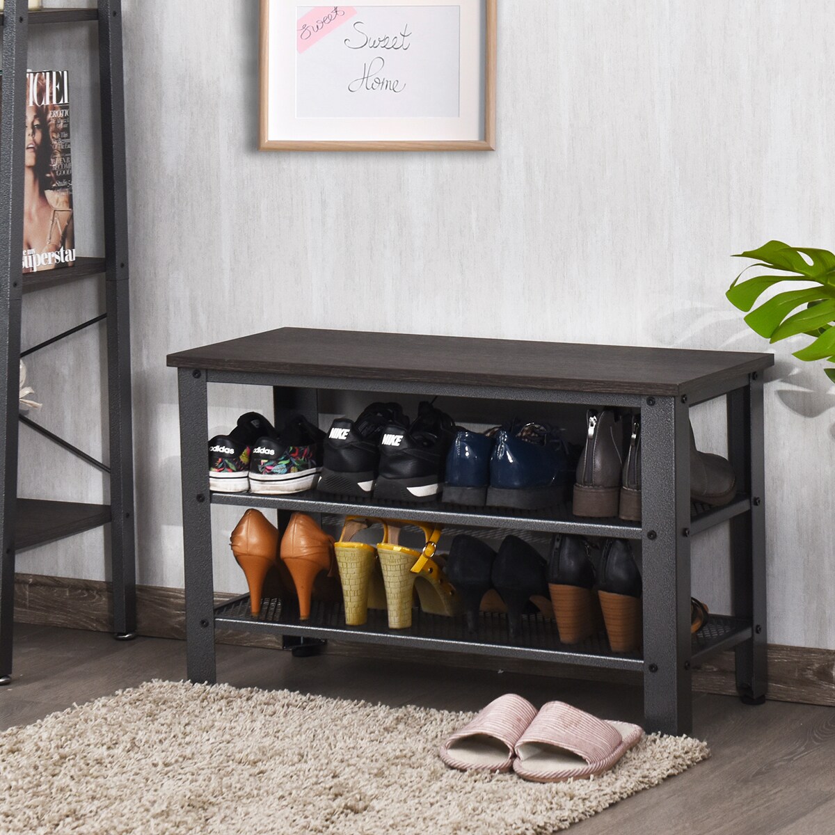 3-Tier Shoe Rack,Industrial Shoe Bench with Storage Shelves for LivingRoom Grey