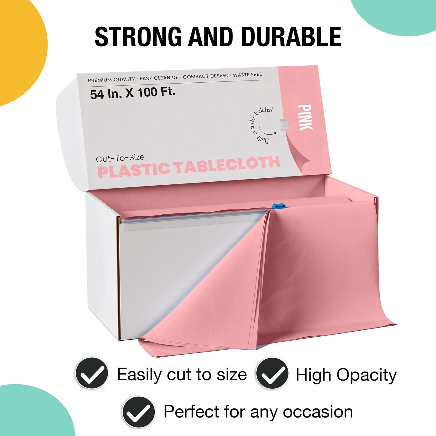 Exquisite Party Solids 54&#x22; x 100&#x27; Plastic Table Cover Roll with Slide Cutter &#x2013; Cut-to-Size Dispenser Box &#x2013; Makes Up to 36 Disposable 8&#x27; Rectangle Tablecloths