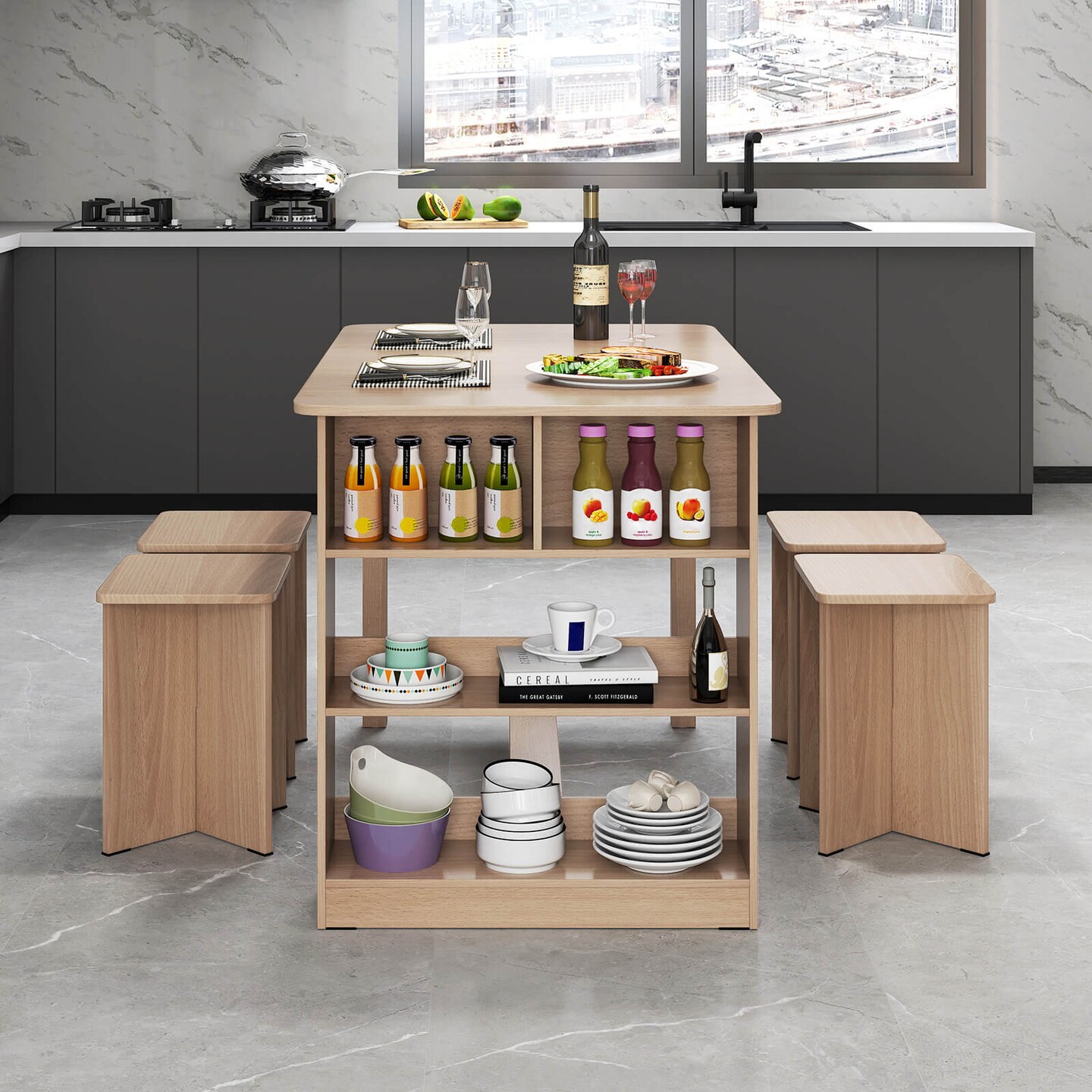 Costway 5 PCS Dining Table Set with Storage Shelf Rectangular Kitchen Table with 4 Stools Beige/Gray