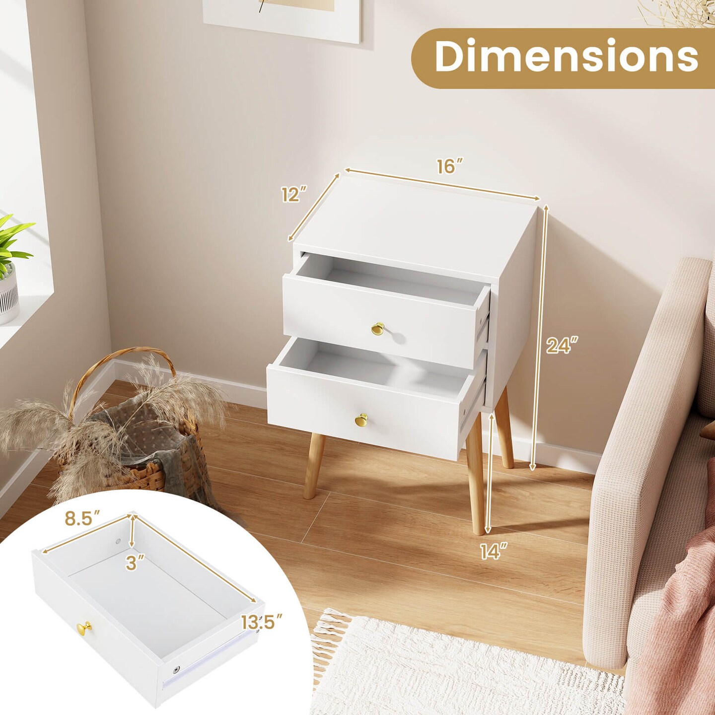 Costway Nightstand Mid-century Modern Bedside Table with 2 Drawers Solid Wood Support Legs