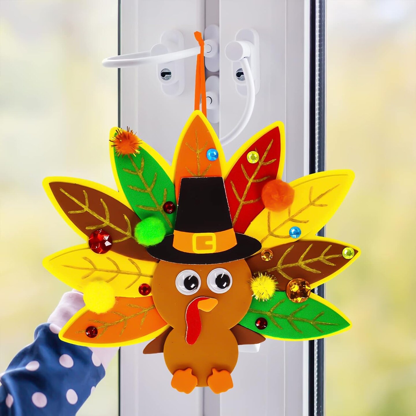 24-Pack Thanksgiving Turkey Craft Kits for Kids – DIY Foam Turkey Ornaments with Feathers, Pumpkin & Leaf Stickers, Googly Eyes, Pom-Poms, and Ribbon for Classroom, Party & Autumn Decorations