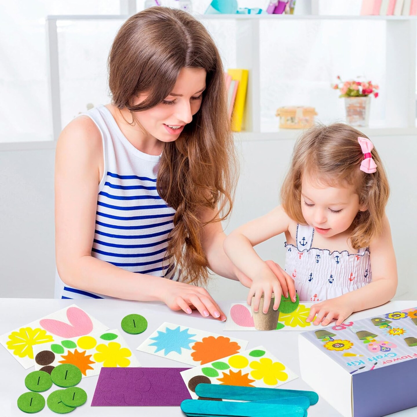 Mother's Day Spring Felt Flower Craft Kits - 16 Pack Make Your Standing Flowers Gift Crafts with Buttons Flower Pot Decor