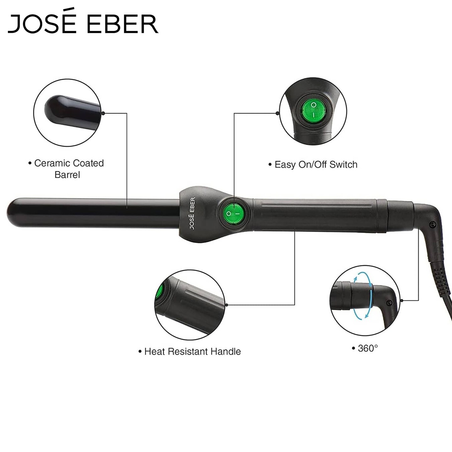 Jose Eber: Clipless Curling Iron 1&#x22; (25mm) - Black - Professional Tourmaline Ceramic Barrel, Wand Styling Tool, Ion Technology, Heat Resistant Glove