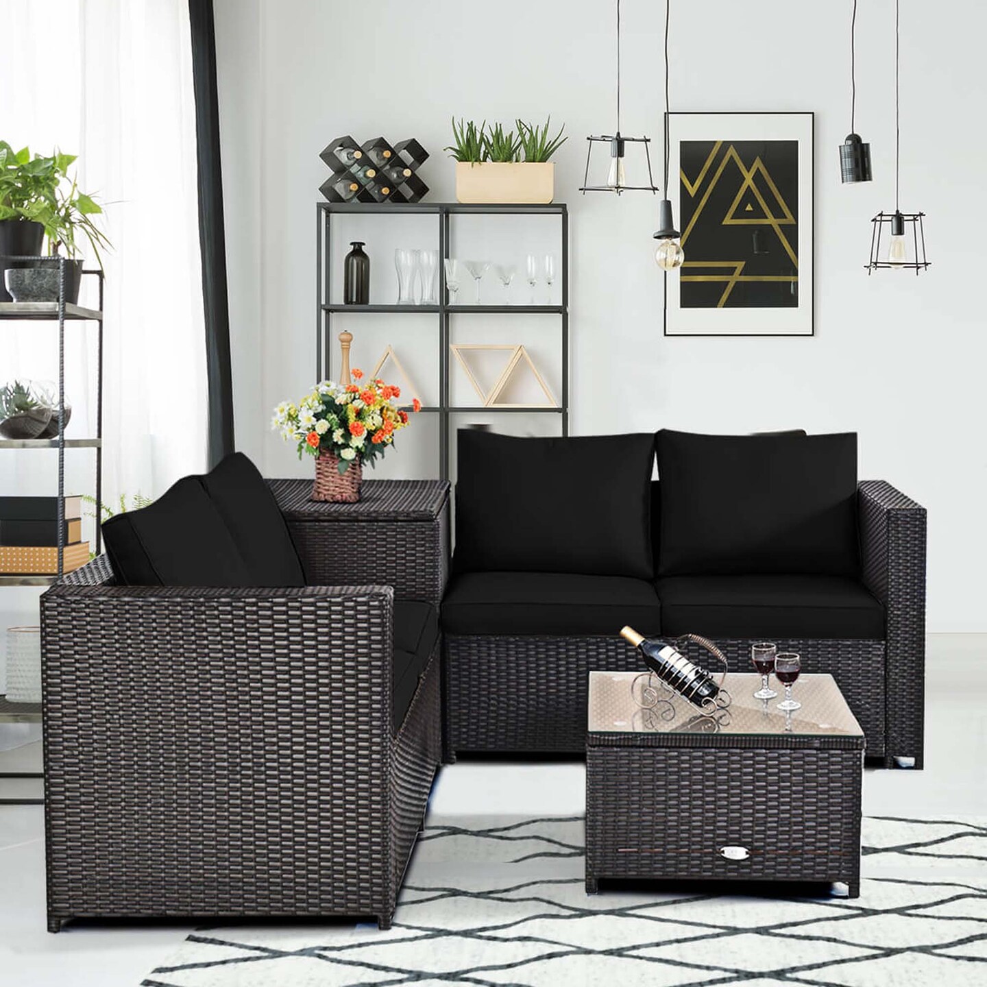 Costway 4PCS Outdoor Patio Rattan Furniture Set Cushioned Loveseat Storage Table Red/Turquoise/Black