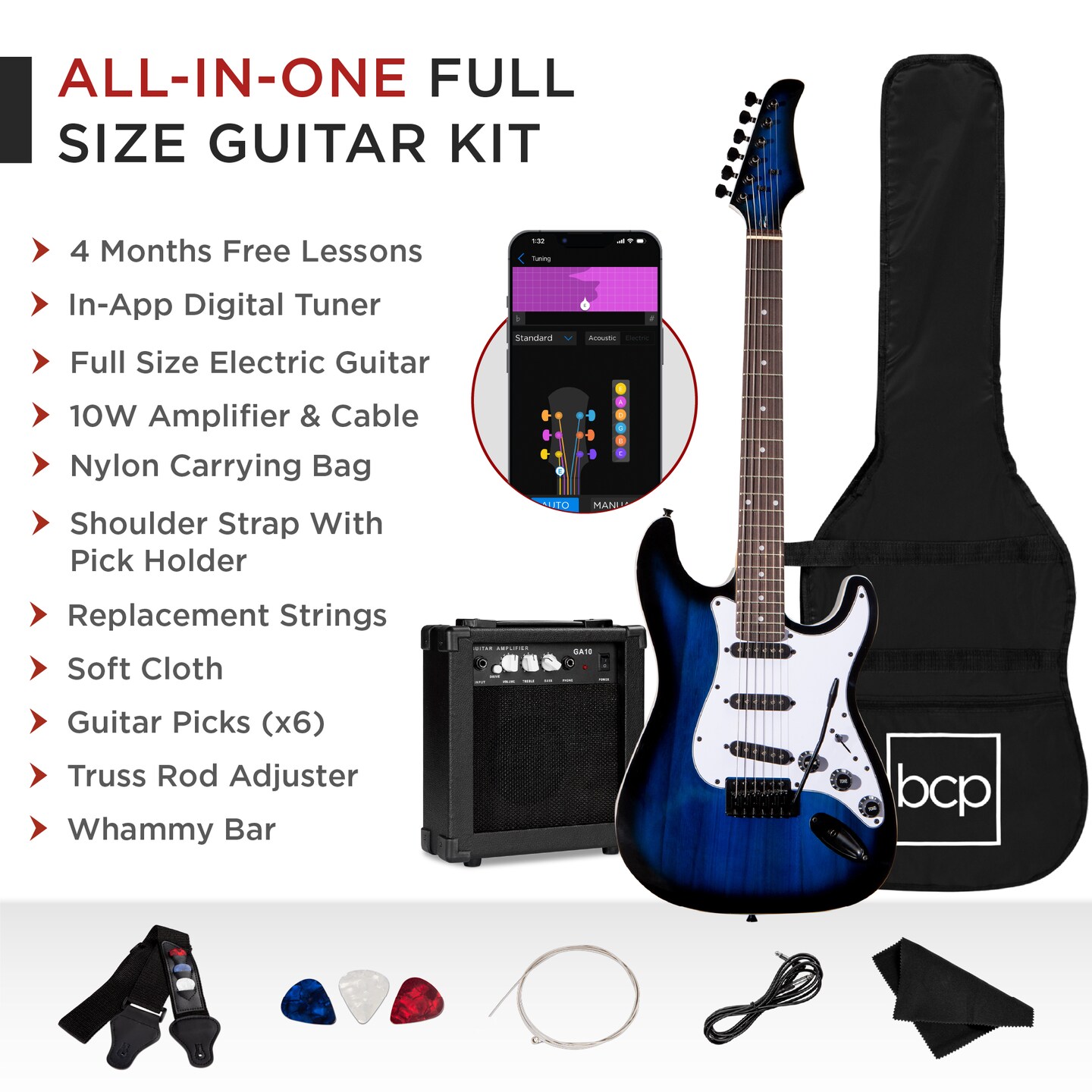 Best Choice Products 39in Full Size Beginner Electric Guitar Kit with Case, Strap, Amp, Whammy Bar