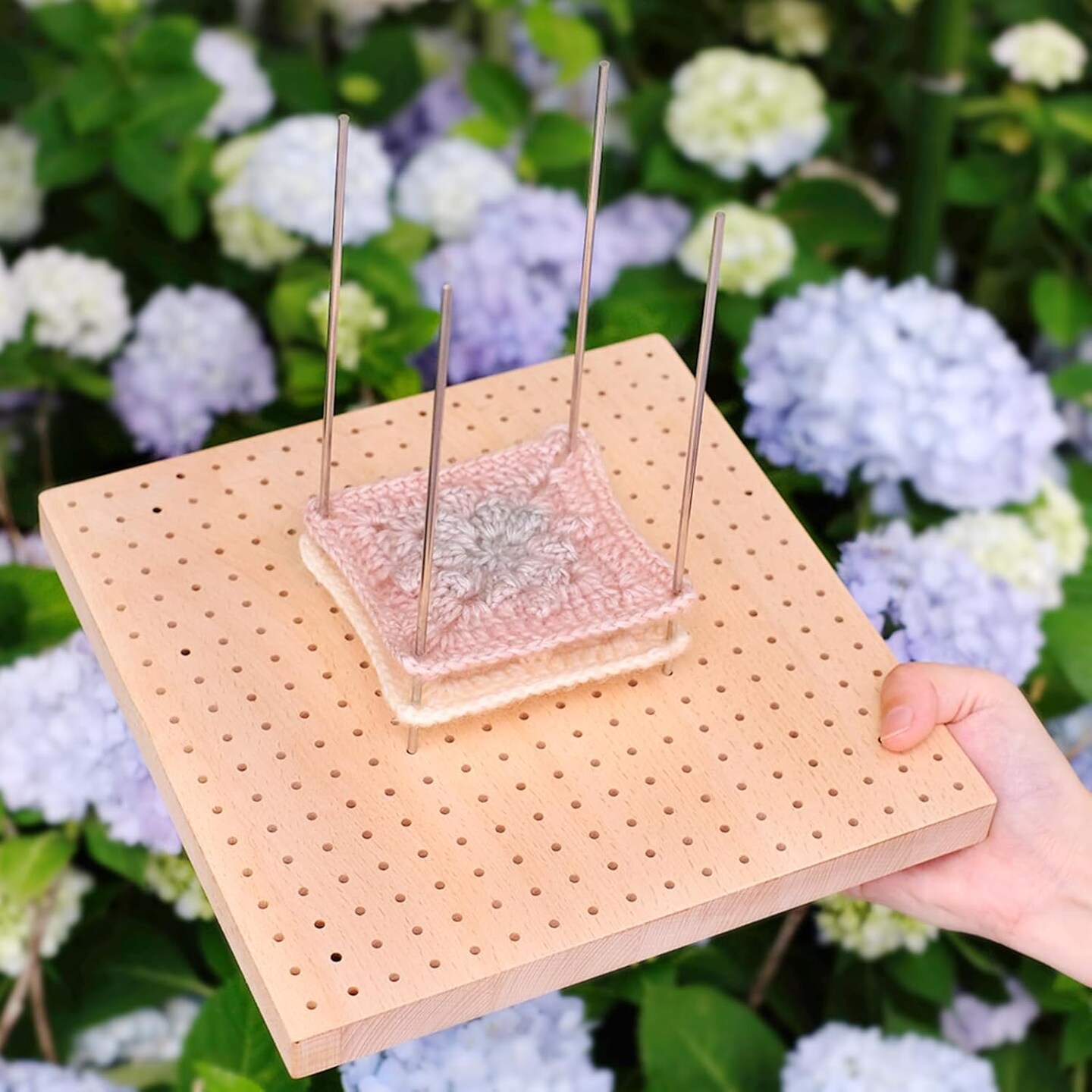 12 Inch Large Size Premium Wooden Crochet Blocking Board - Complete Crochet Accessories Set with 12 Steel Pins - Ideal for Knitting, Granny Squares, and Projects