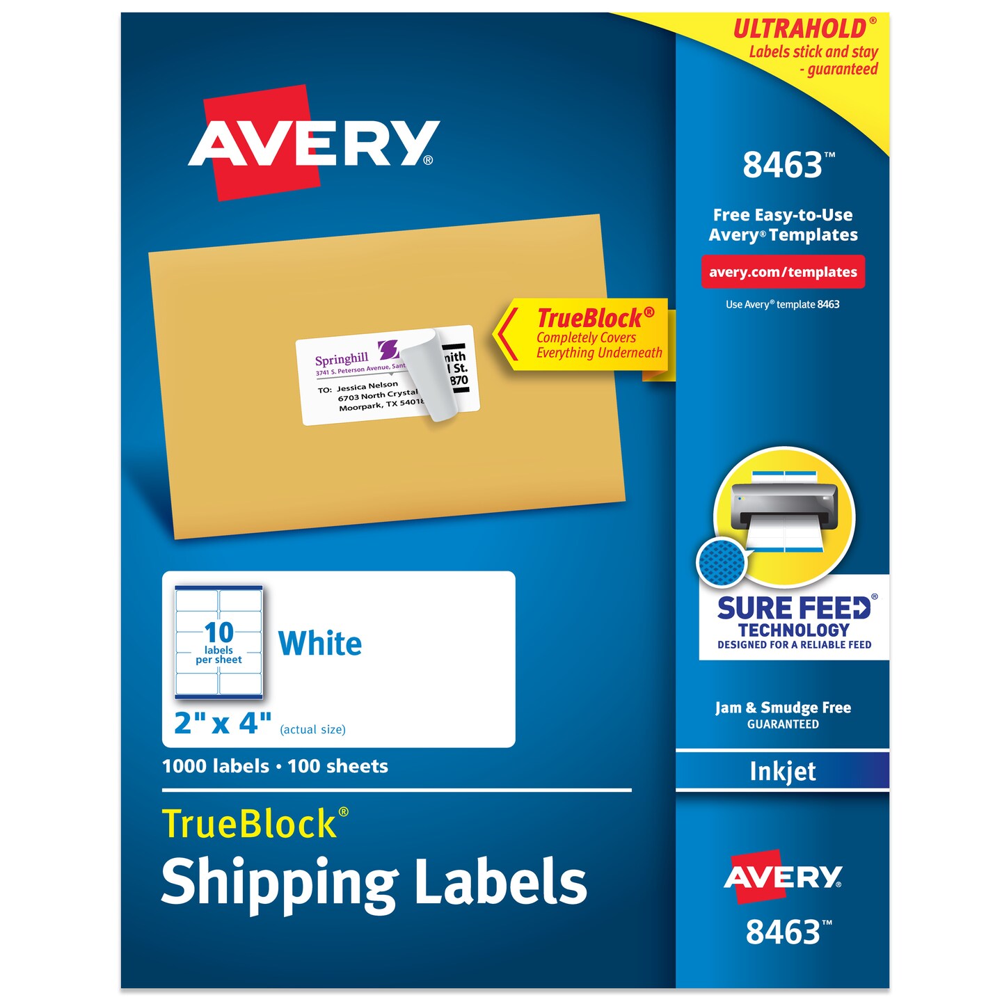 Avery Printable Shipping Labels with Sure Feed, 2&#x22; x 4&#x22; Customizable Stickers, White, 1,000 Blank Mailing Labels, Great for Mailing, Shipping, and More (8463)