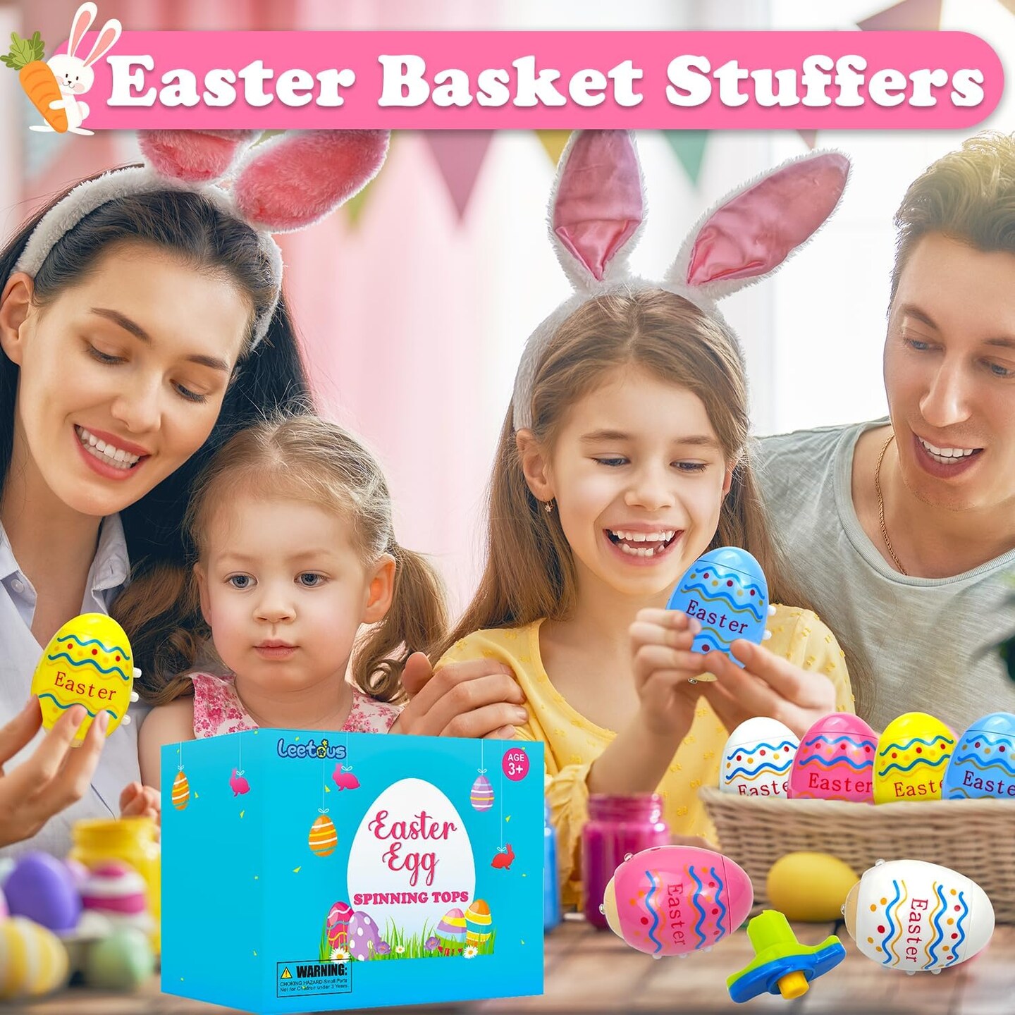 Easter Eggs Basket Stuffers Toys Gifts for Toddler Boys Girls, 4 Pack Light up Spinning Tops with Music, Non Candy Easter Egg Hunt