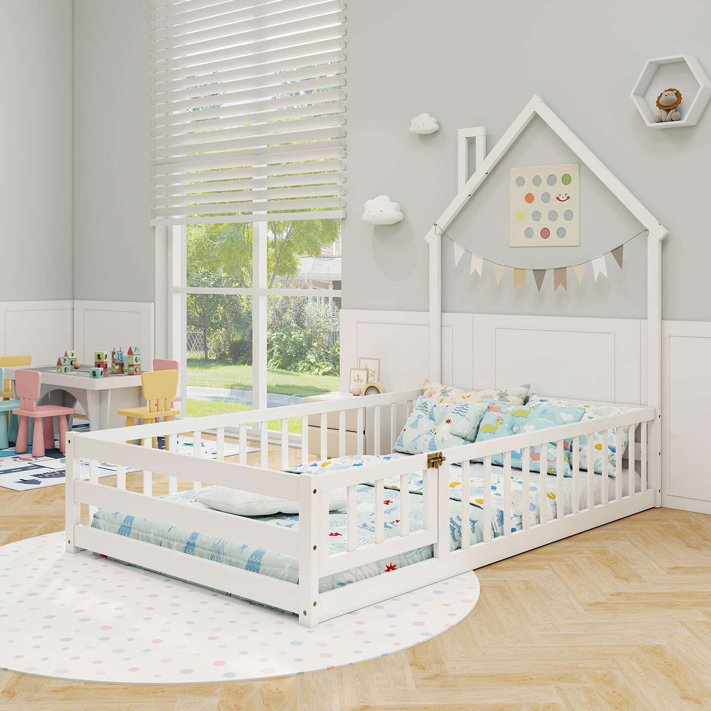 Wooden Twin Size Montessori Floor Bed with Lockable Door Guardrails and House Shape Design