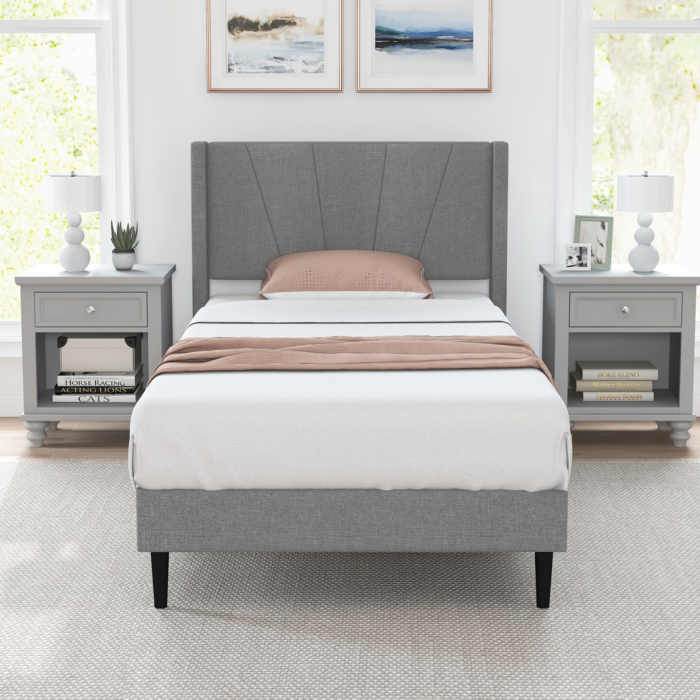 Platform Bed Frame with Linen Upholstered Wing-back Headboard and Solid Wood Legs