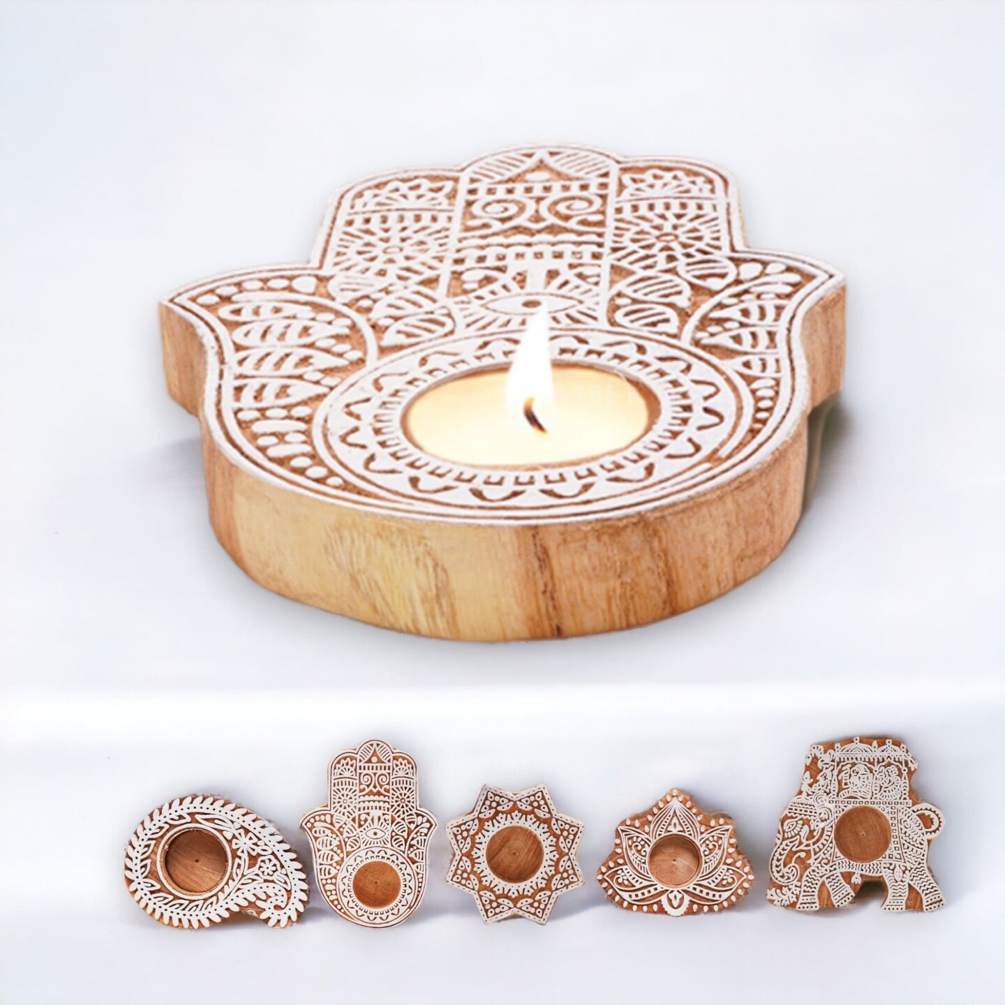 Wooden Block Print Tea Light Candle Holders for Diwali Handmade Tlight for Deepawali Decoration Items Designer Diya Deepam for Goddess Worship Housewarming Gifts (hamsa/paisley/star/lotus)