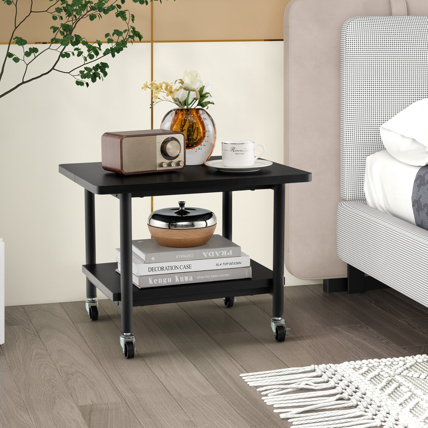 Printer Stand 2 Tier Under Desk Printer Table Rolling Cart with Storage Shelf Metal Frame Home Office