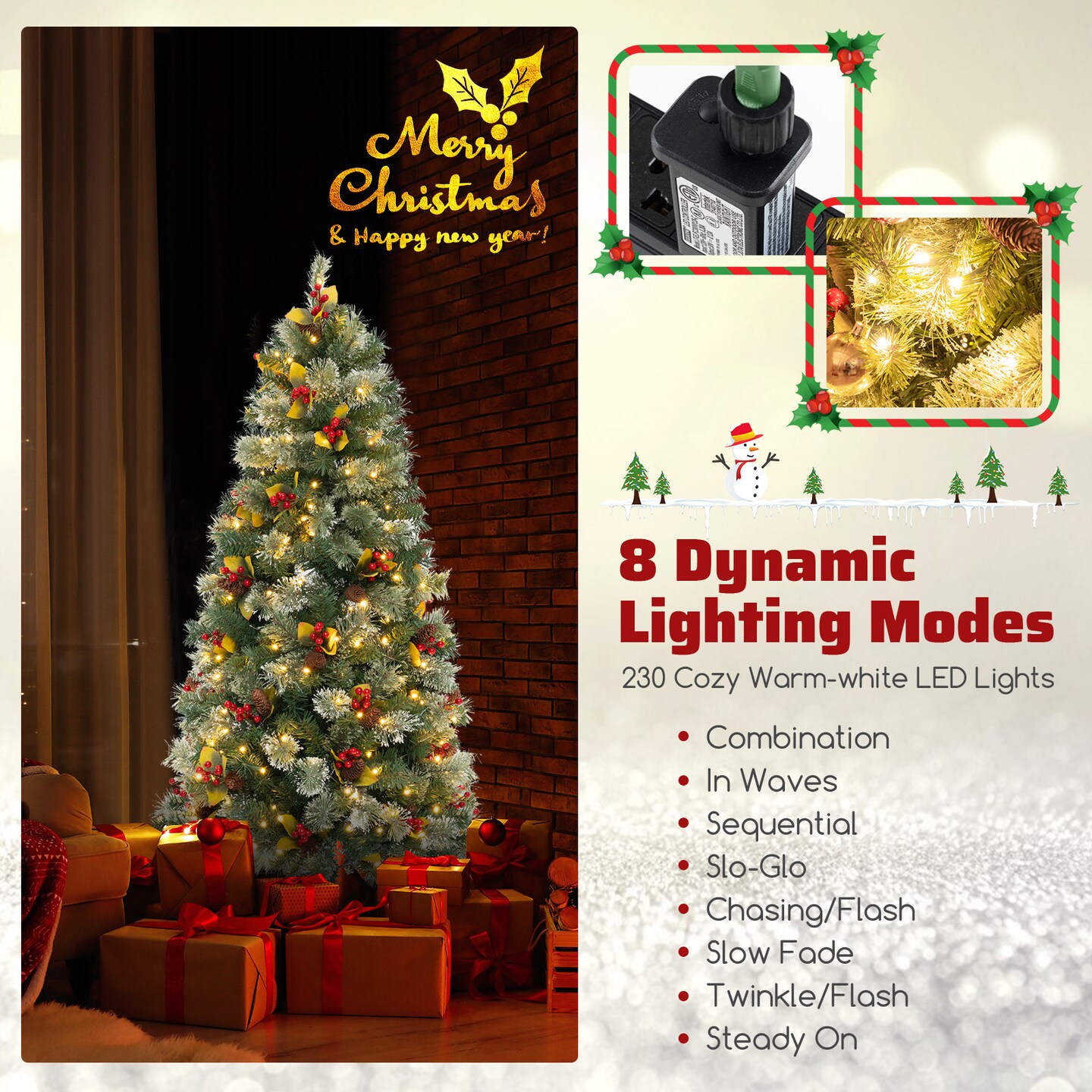 Pre-Lit Artificial Christmas Tree with PVC and Pine Needles