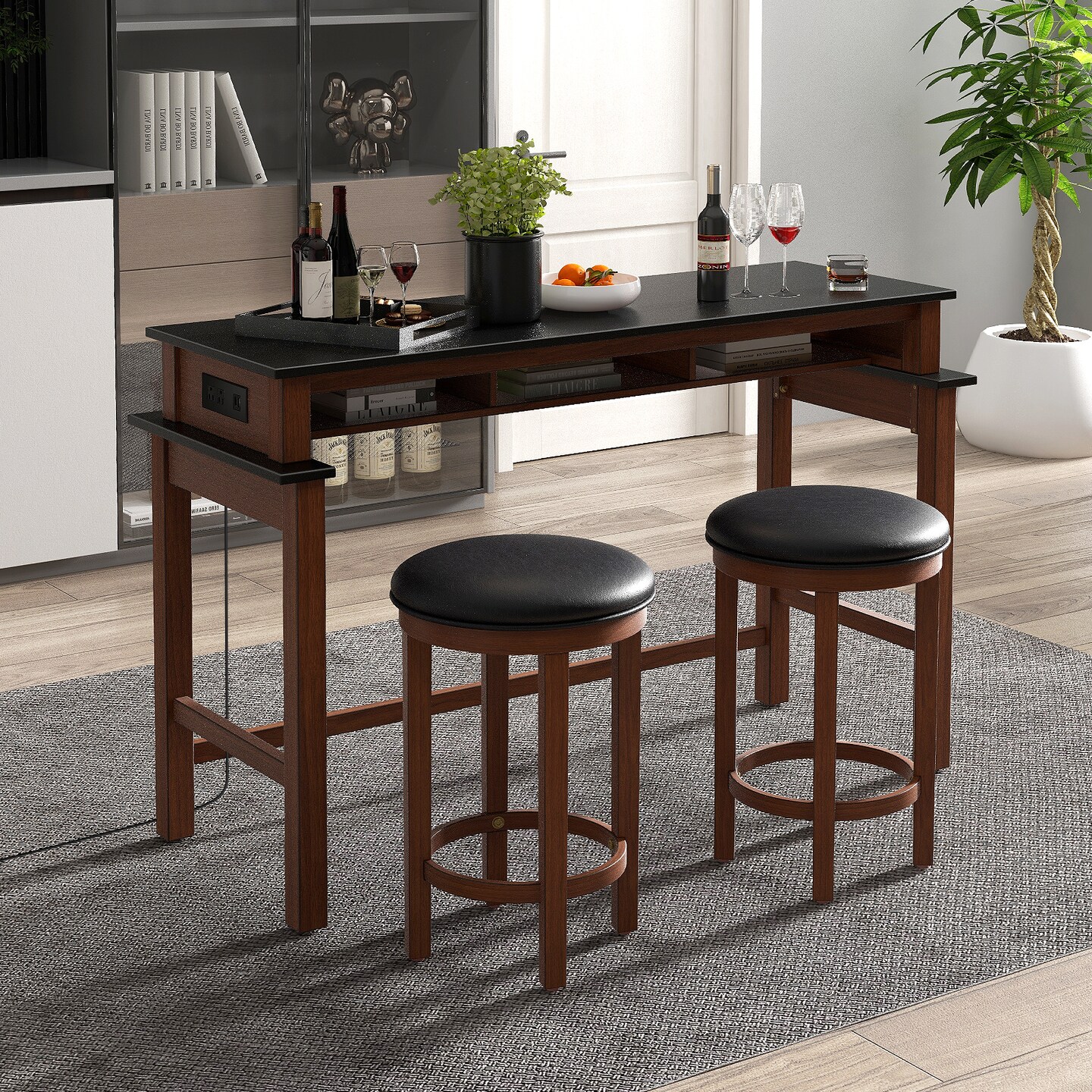 3-Piece Home Bar Set with 2 Upholstered Bar Stools Outlets and USB Ports