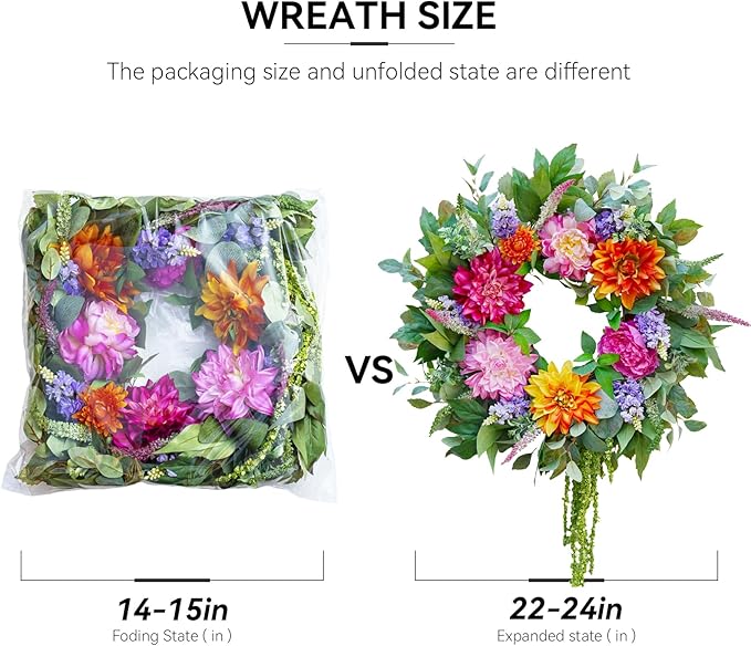 Spring Wreaths for Front Door Outside 24 Inch Spring Wreath&#x2013; Colorful,Lifelike Dahlia,Hyacinth Summer Flower Wreath Green Eucalyptus Door Wreath with Grapevine Base for Indoor Outdoor Use