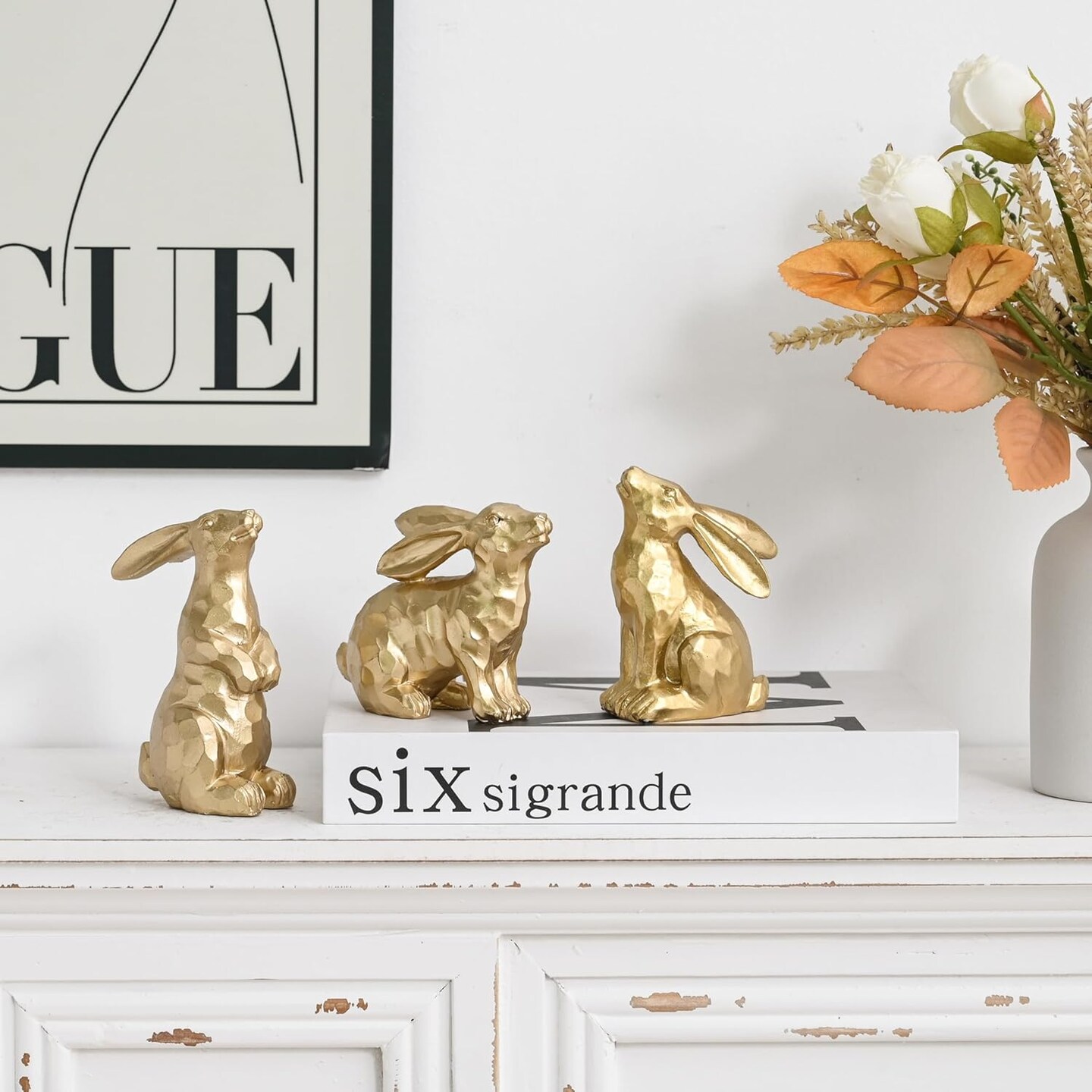 Resin Gold Bunny Decor Rabbit Figurines, Small Easter Bunny Figurine Set of 3